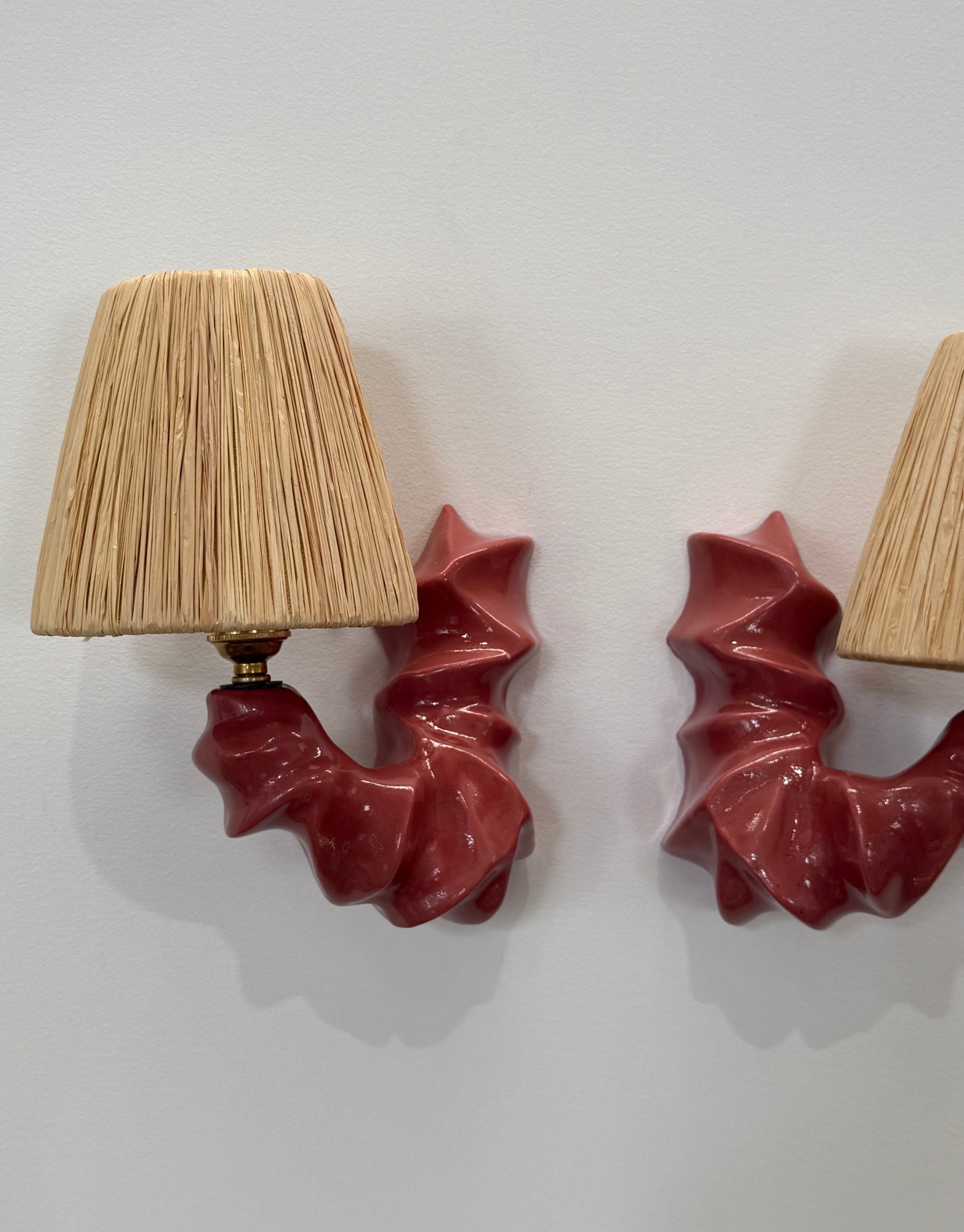 Pair of ARCO Ceramic & Raffia Wall Lights - Bordeaux Red