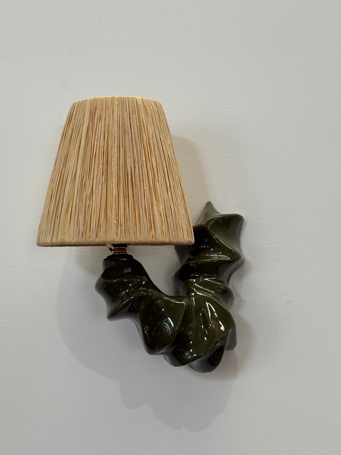 Pair of ARCO Ceramic & Raffia Wall Lights - Forest Green