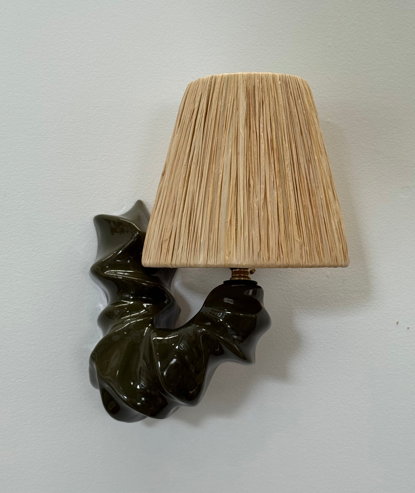 Pair of ARCO Ceramic & Raffia Wall Lights - Forest Green