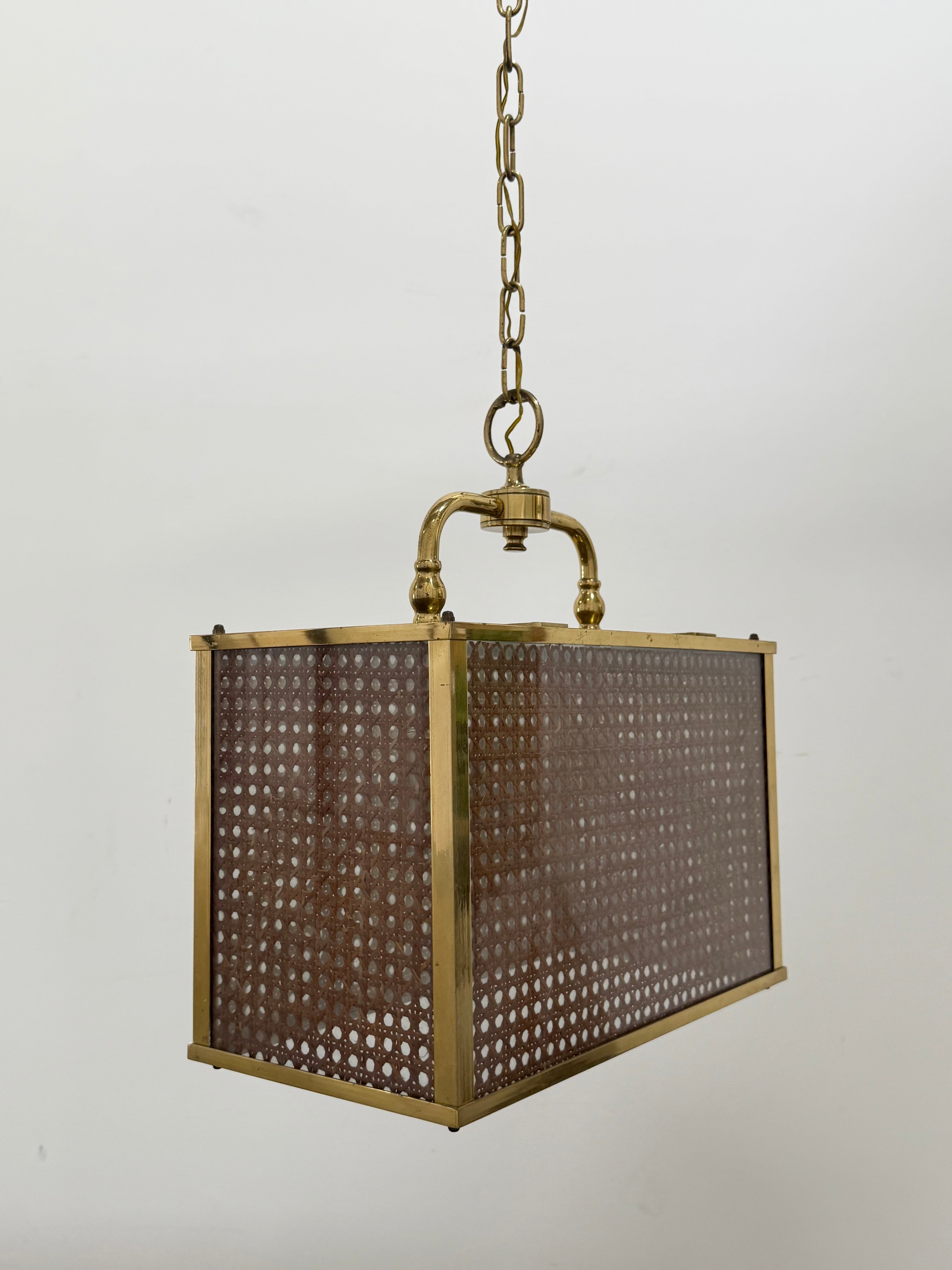 Vintage Italian Rattan & Glass Pendant Light, 1970s