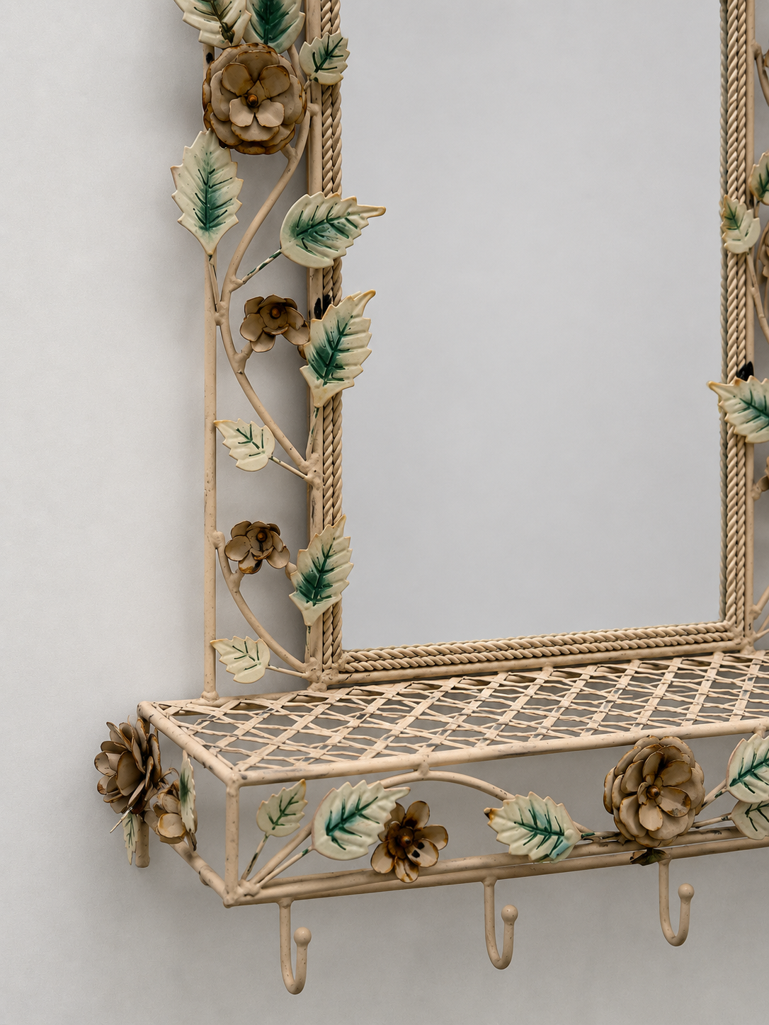 Vintage Floral Tolware Mirrored Shelf