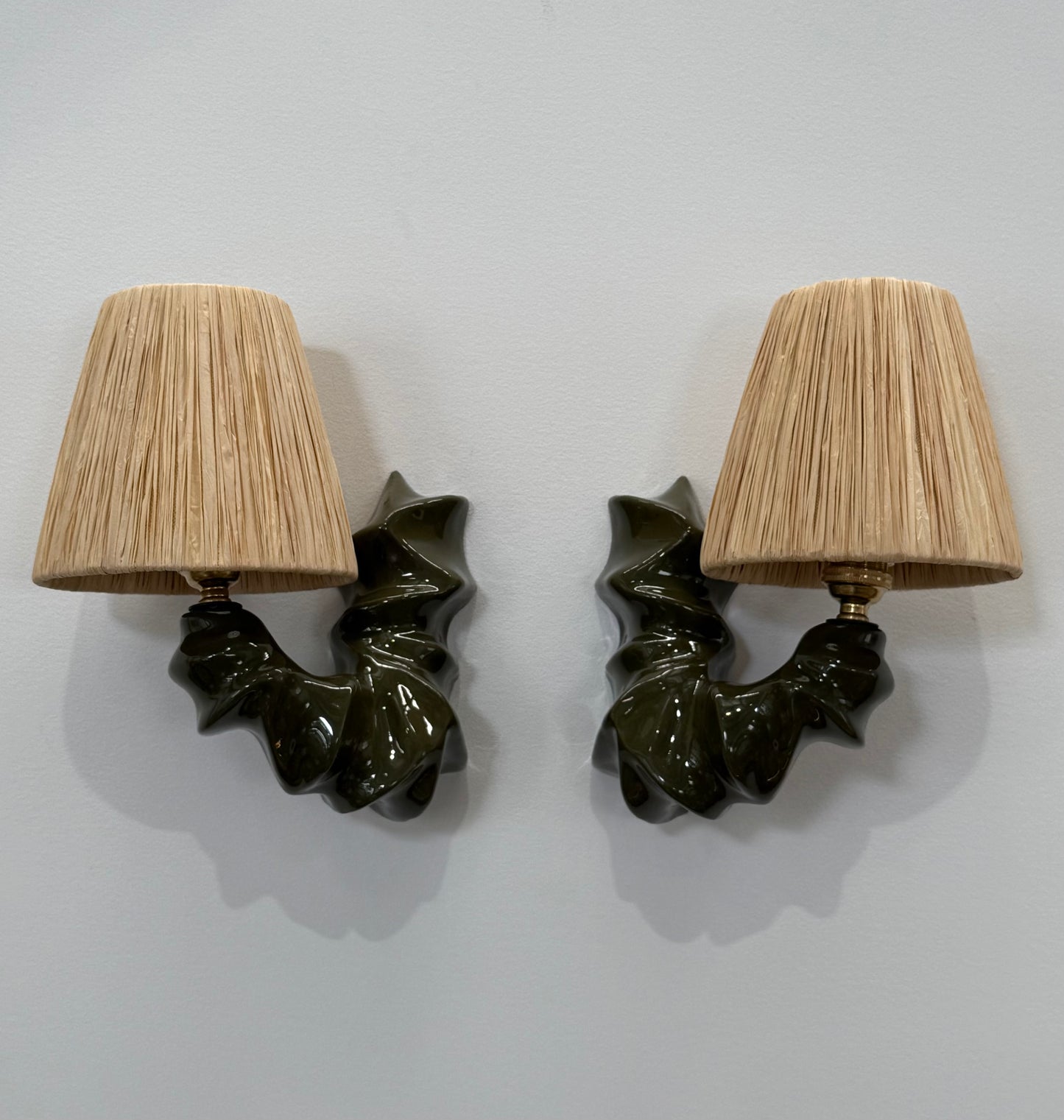 Pair of ARCO Ceramic & Raffia Wall Lights - Forest Green