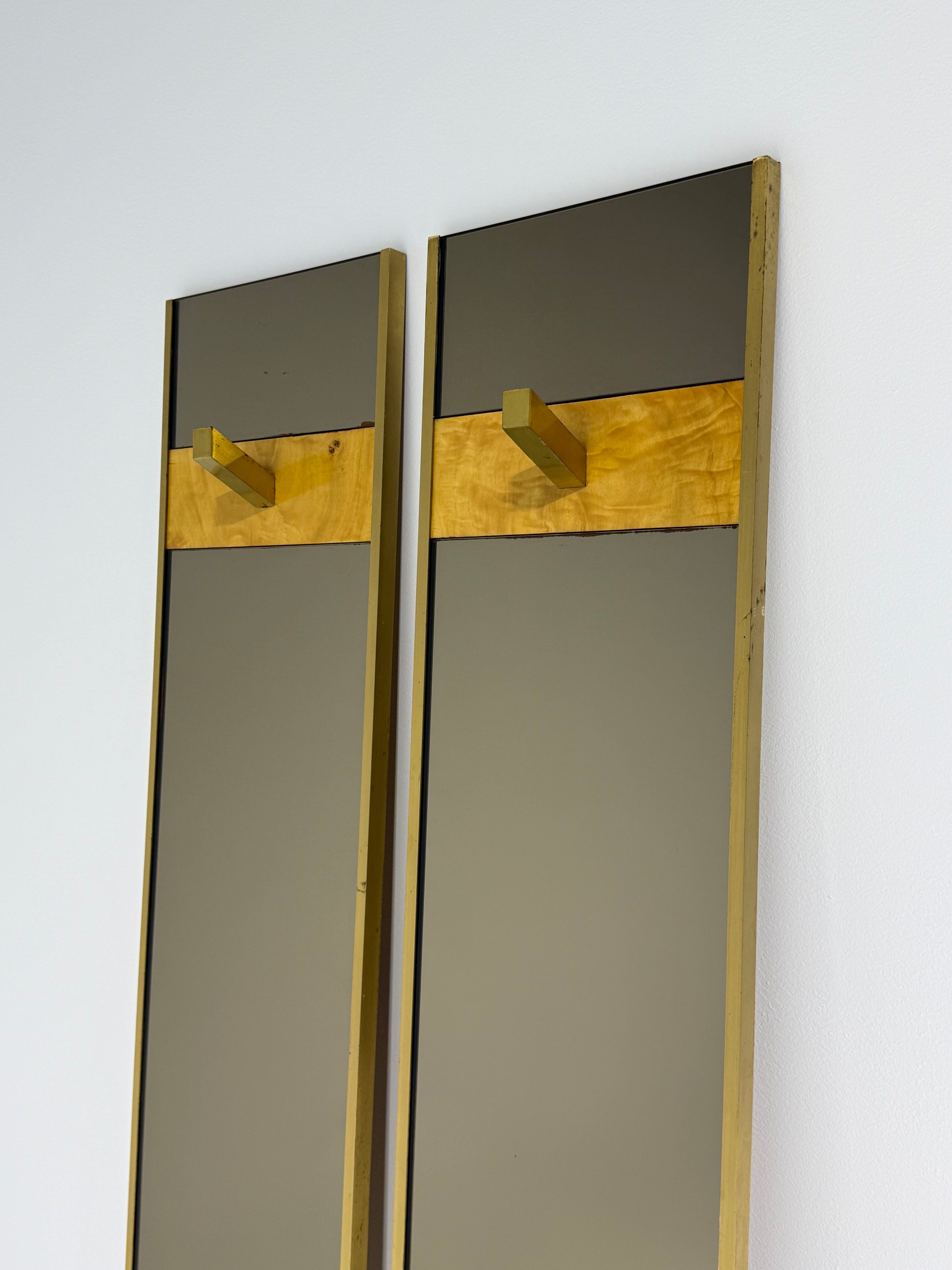 Vintage Burl & Brass Mirrored Coat Rack - Two Available