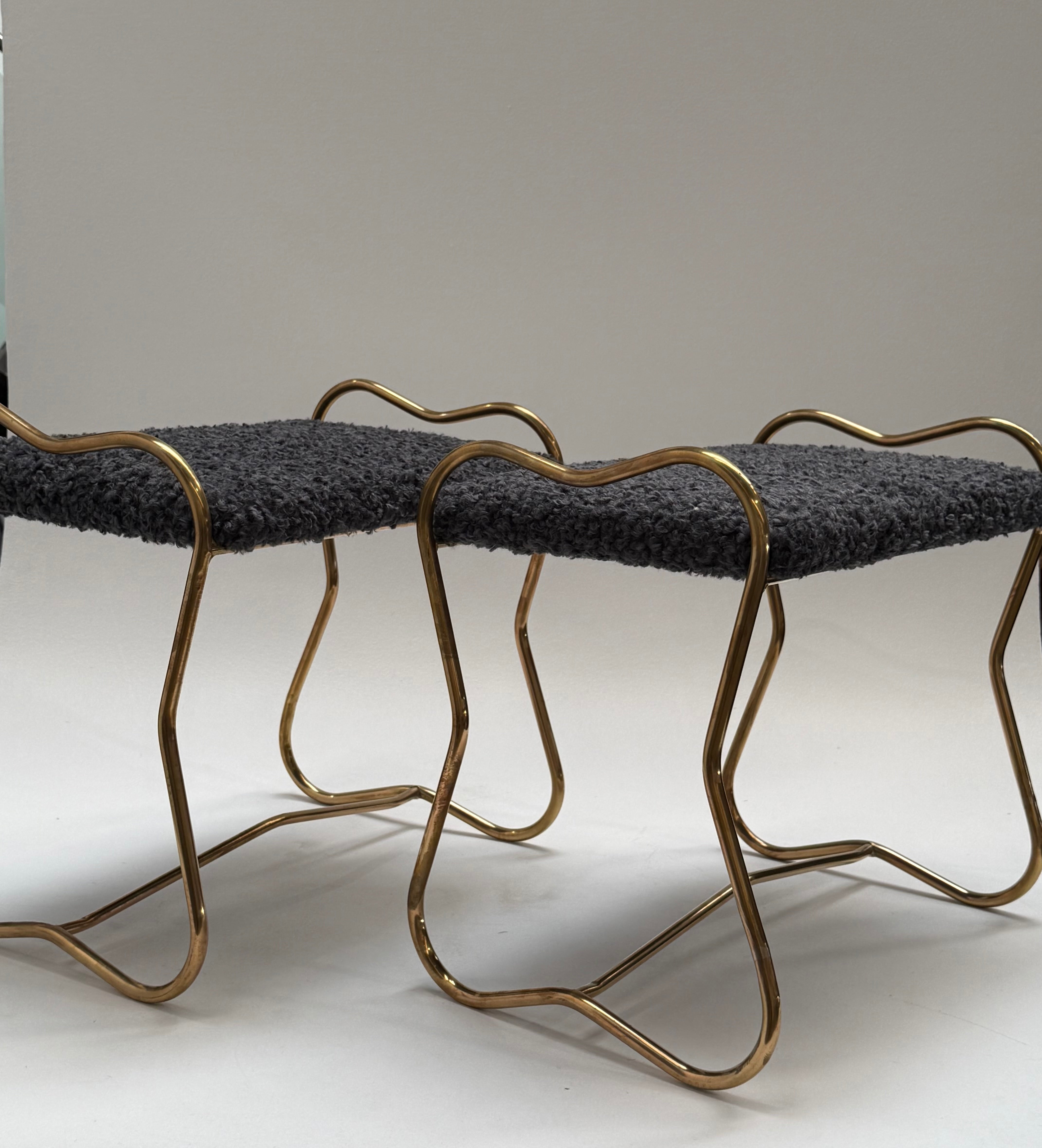 Italian Brass Upholstered Stool - Two Available