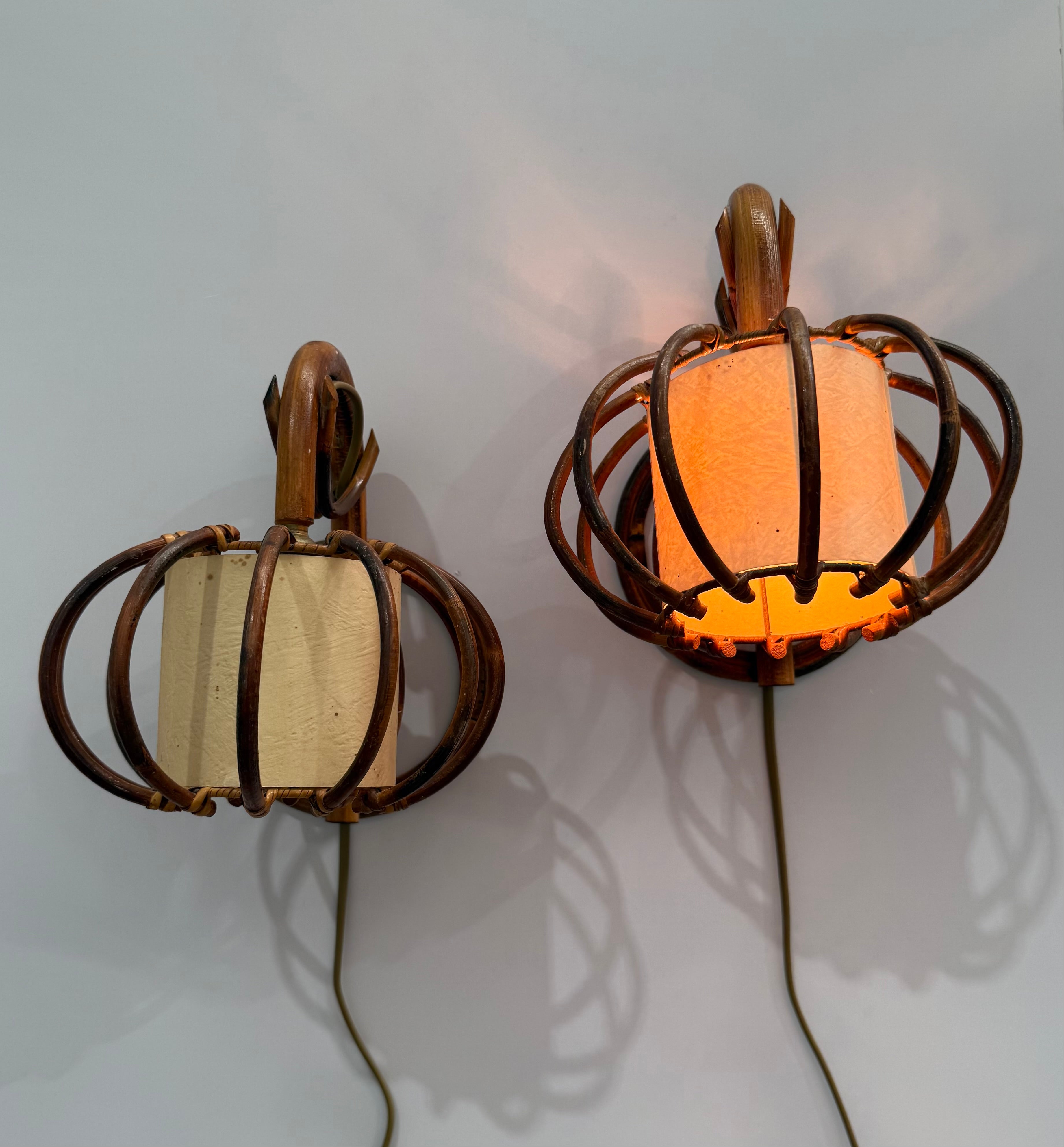 1970’s French Bamboo Wall Lights by Louis Sognot