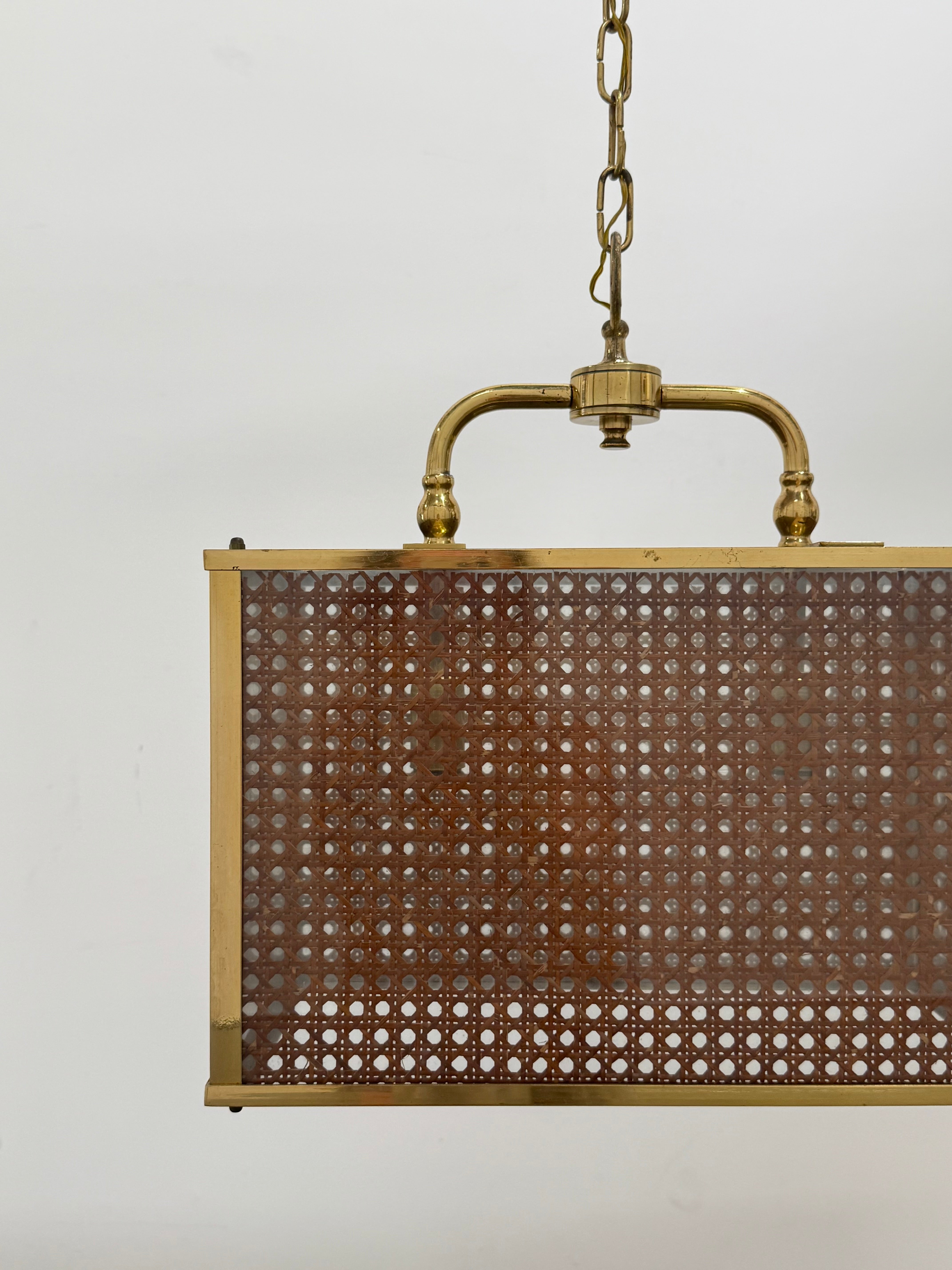 Vintage Italian Rattan & Glass Pendant Light, 1970s