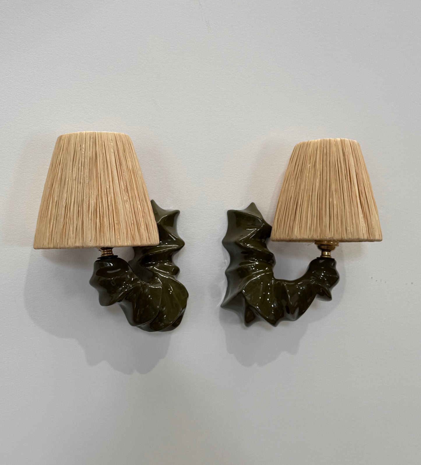Pair of ARCO Ceramic & Raffia Wall Lights - Forest Green