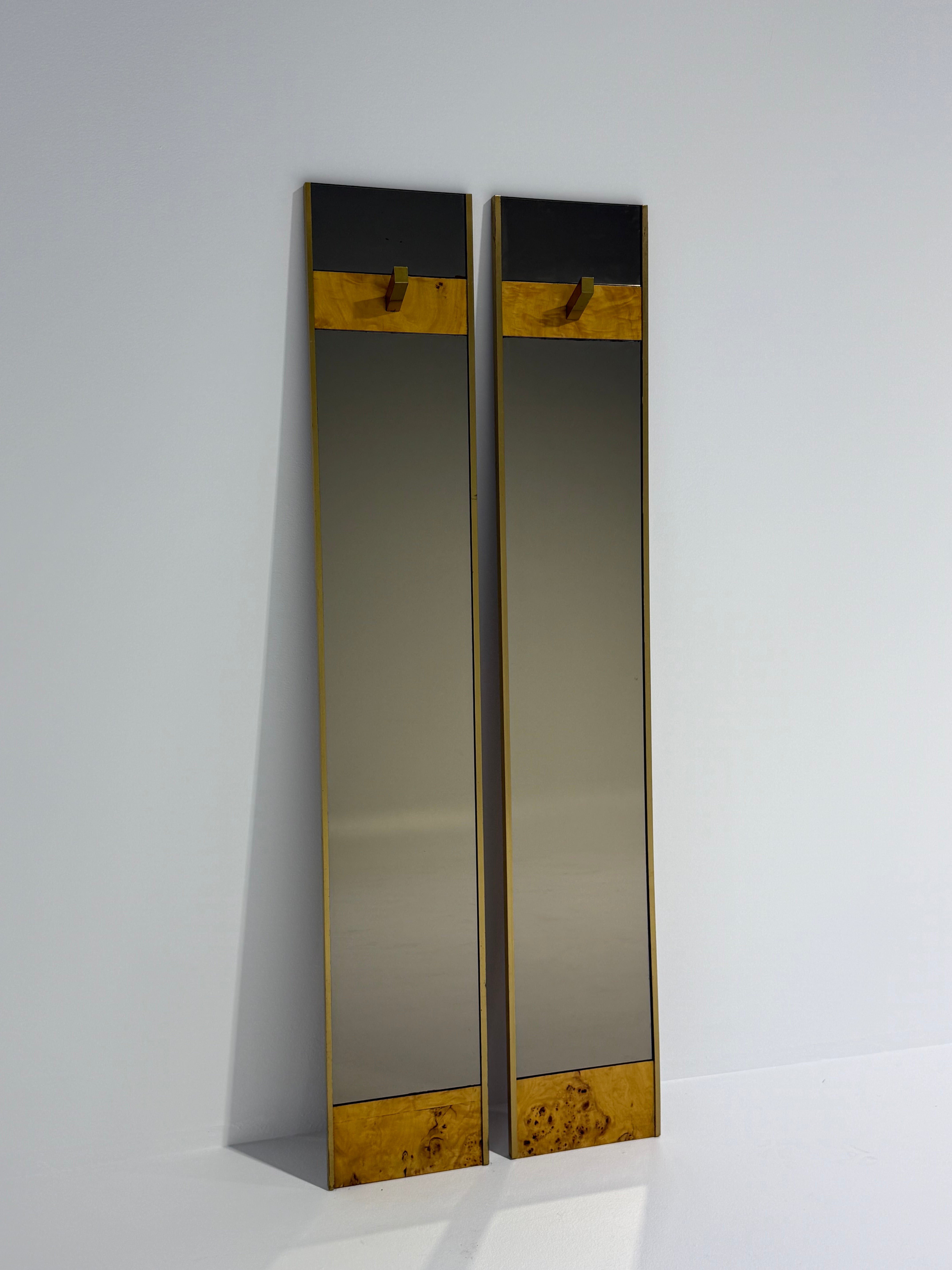 Vintage Burl & Brass Mirrored Coat Rack - Two Available