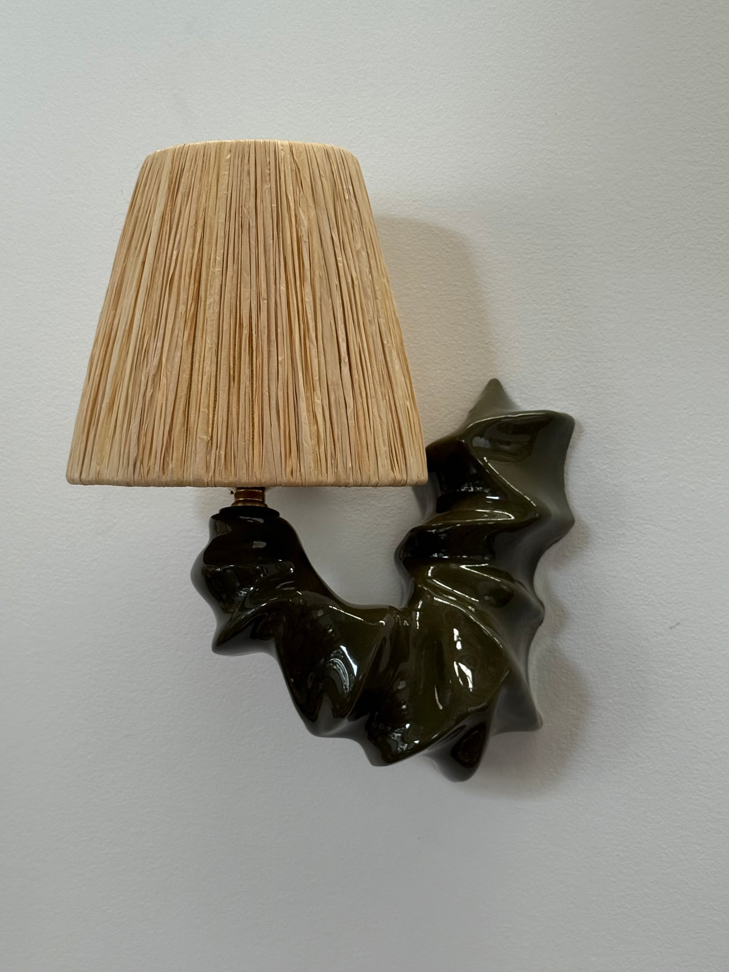 Pair of ARCO Ceramic & Raffia Wall Lights - Forest Green