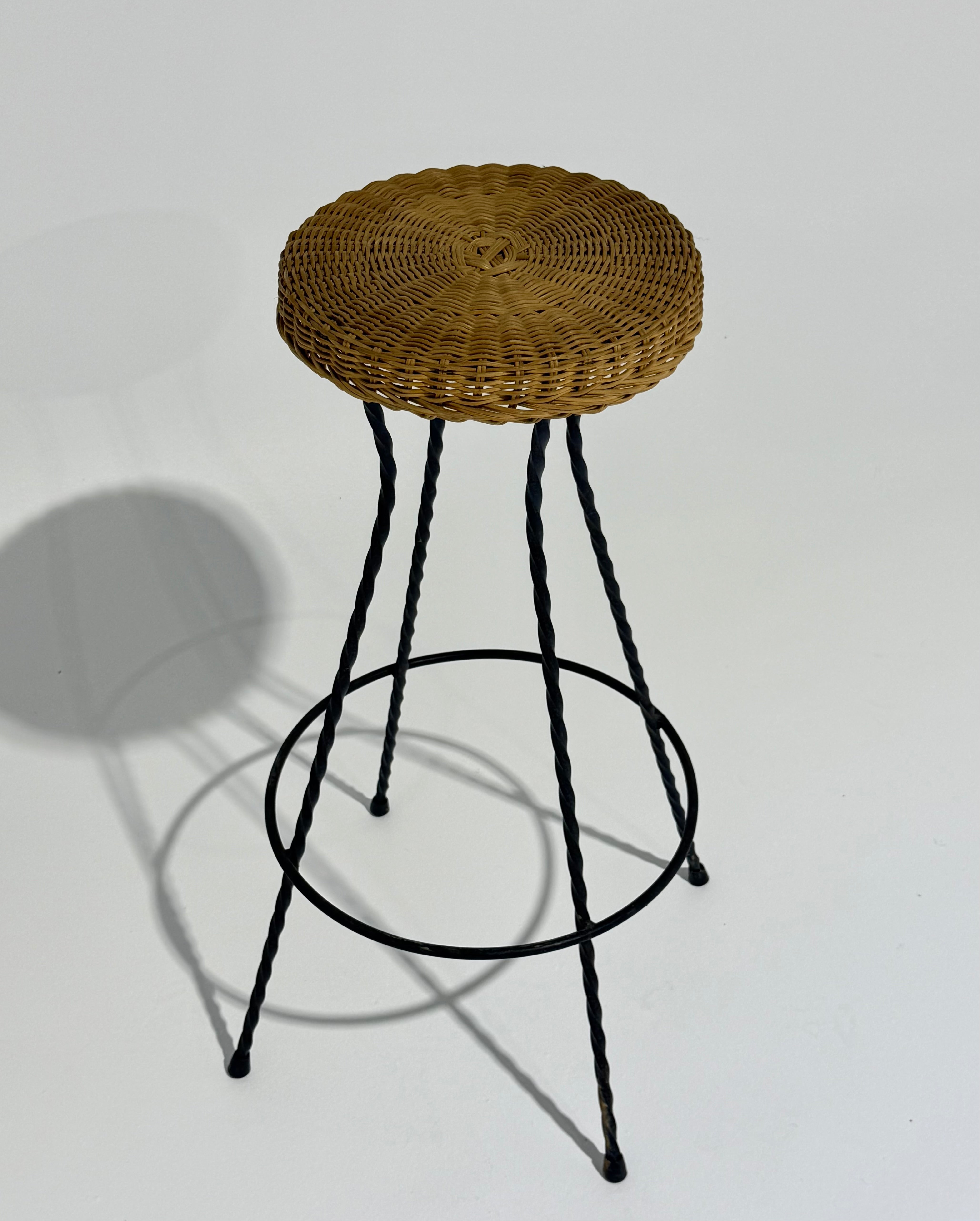 French Wicker & Iron Bar Stool by Bonacina - Three Available