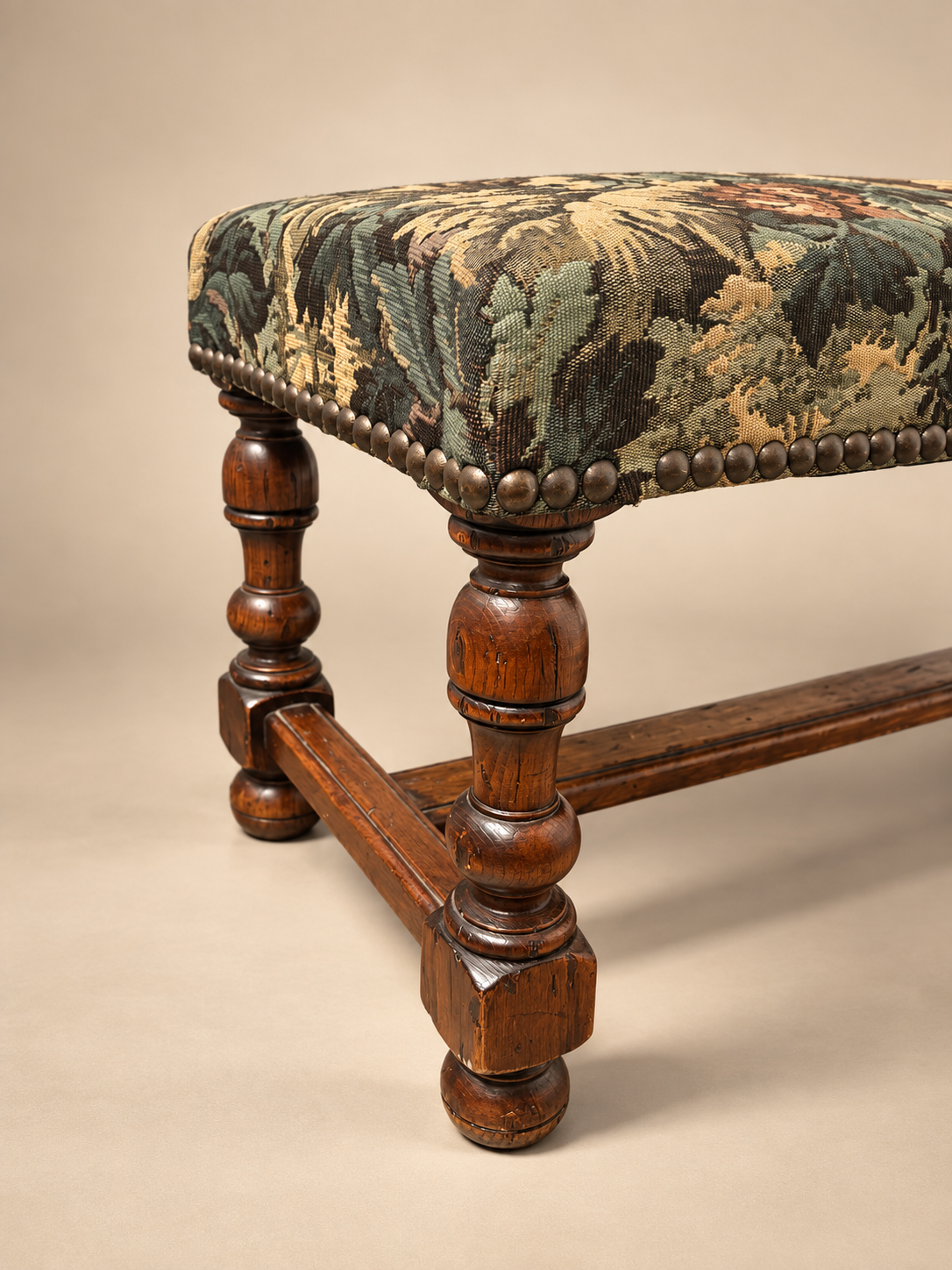 Vintage French Oak Tapestry Bench
