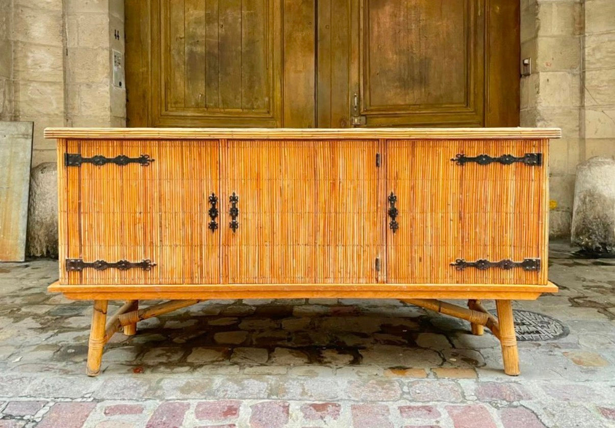 Vintage French Bamboo Enfilade by Audoux Minet