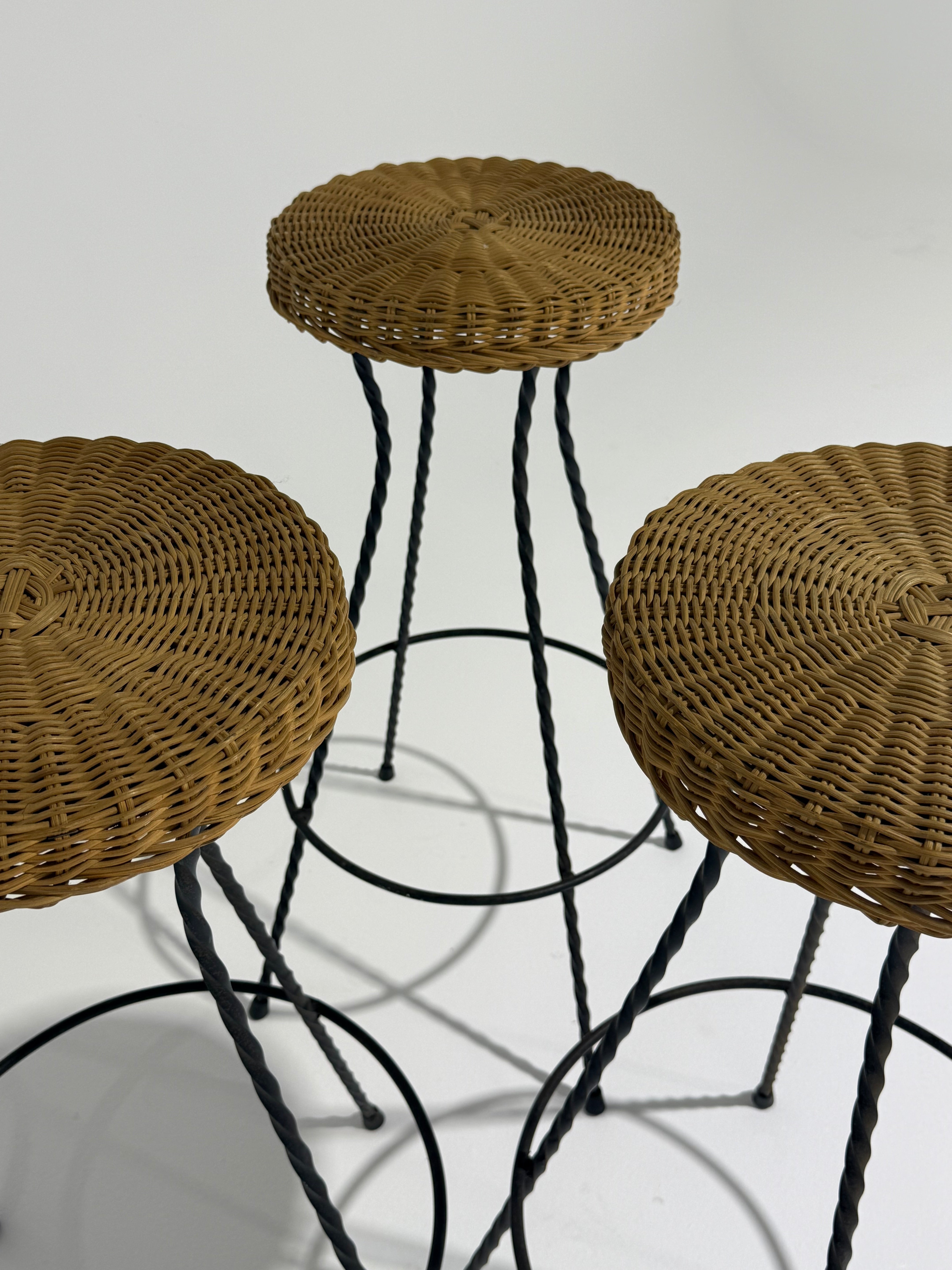 French Wicker & Iron Bar Stool by Bonacina - Three Available