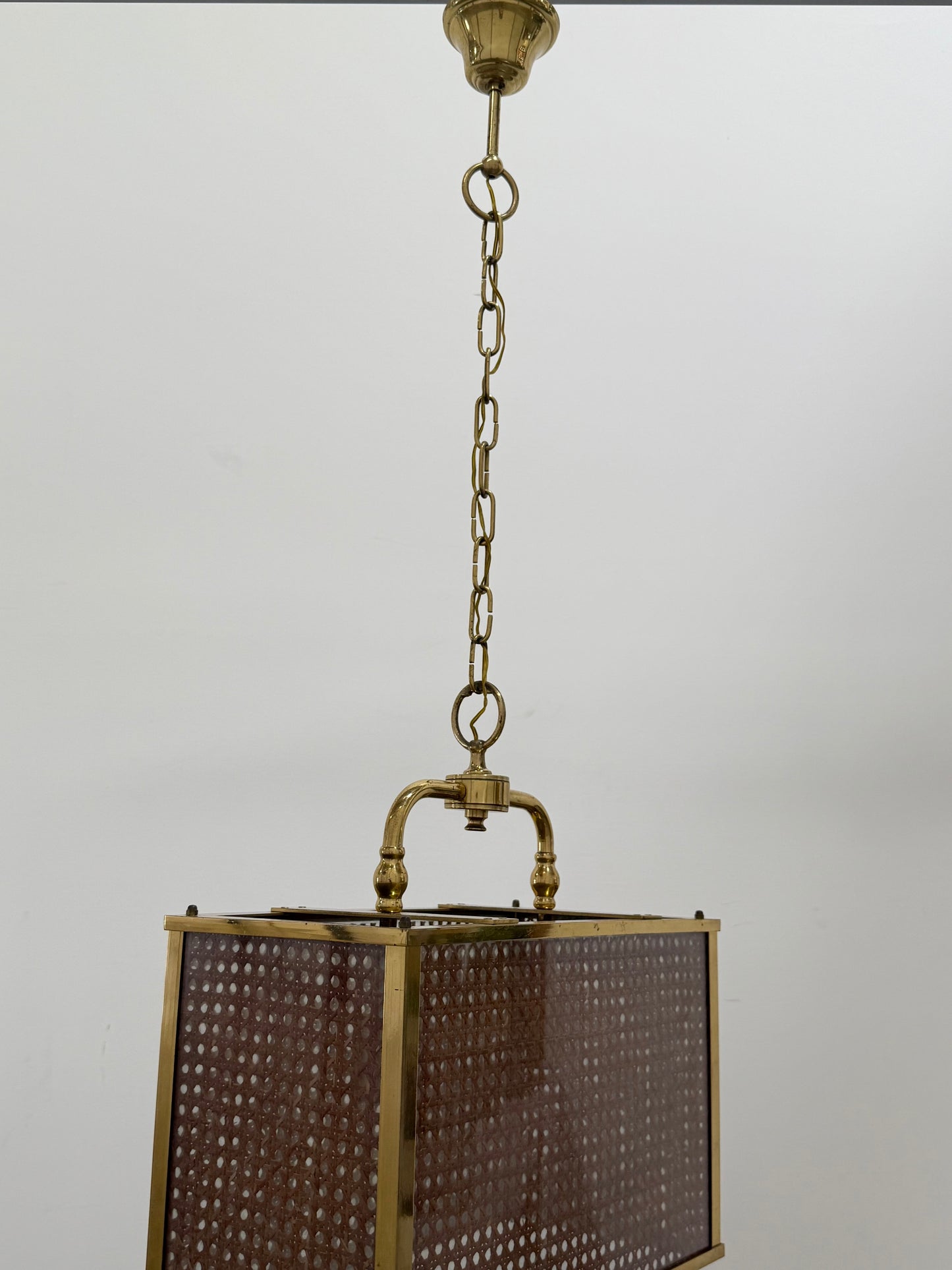 Vintage Italian Rattan & Glass Pendant Light, 1970s