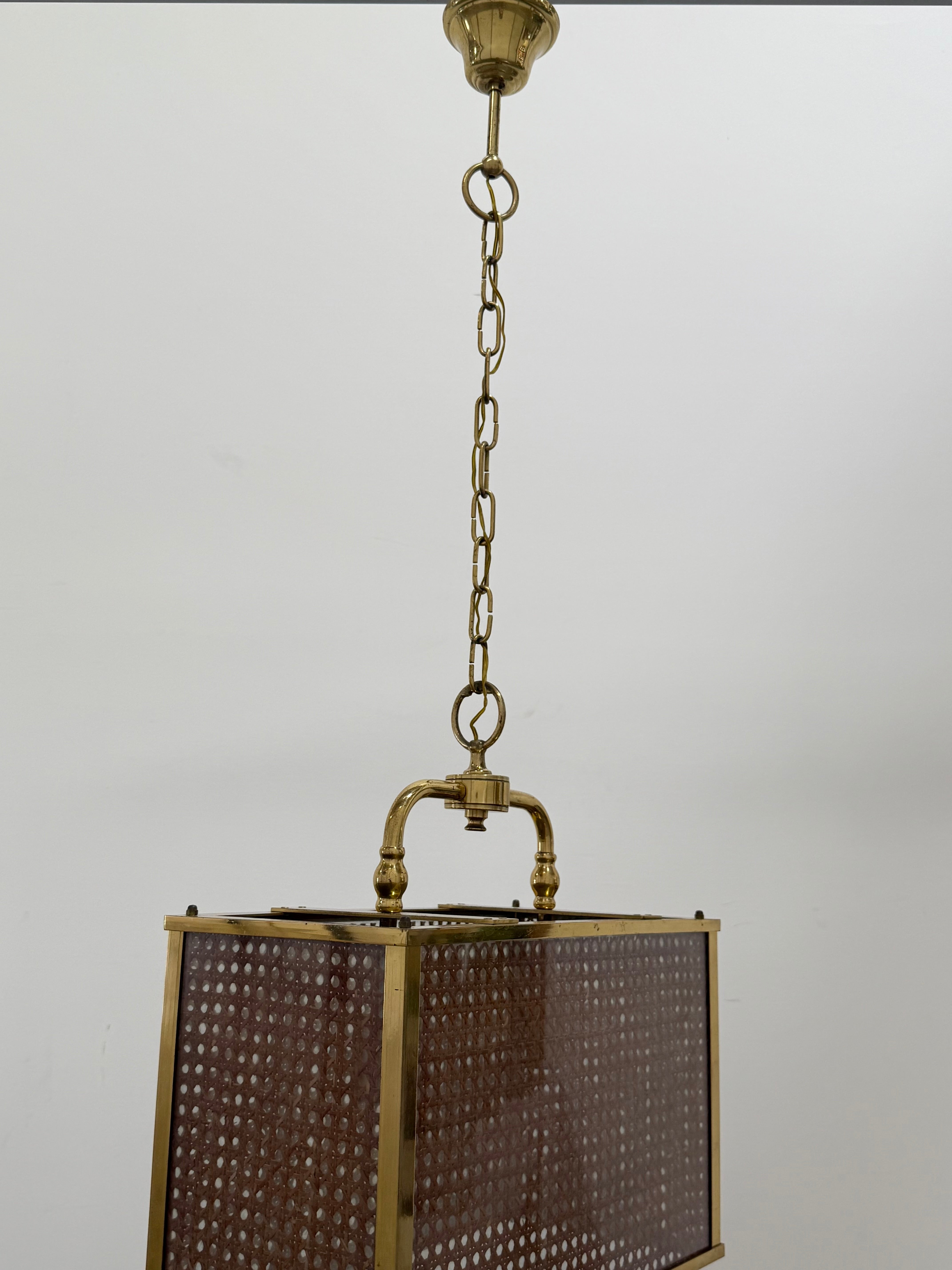 Vintage Italian Rattan & Glass Pendant Light, 1970s