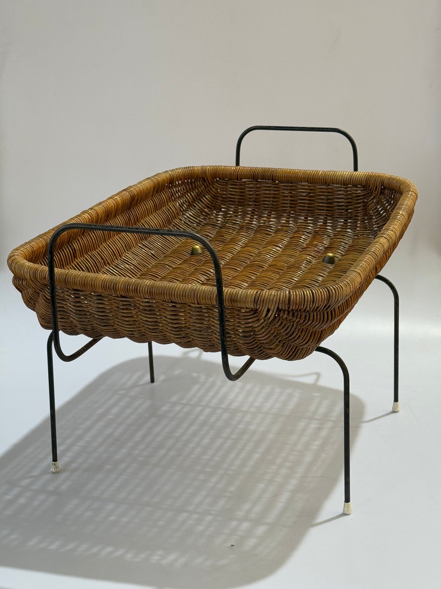 1960s Italian Wicker & Iron Magazine Basket