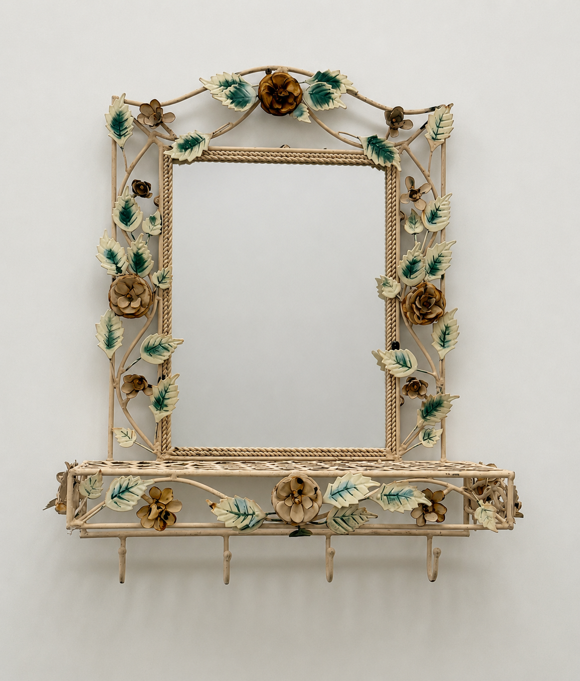 Vintage Floral Tolware Mirrored Shelf