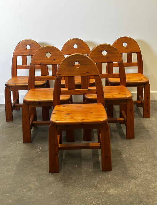 Set of 6 Brutalist Pine Dining Chairs by WASA Mobel