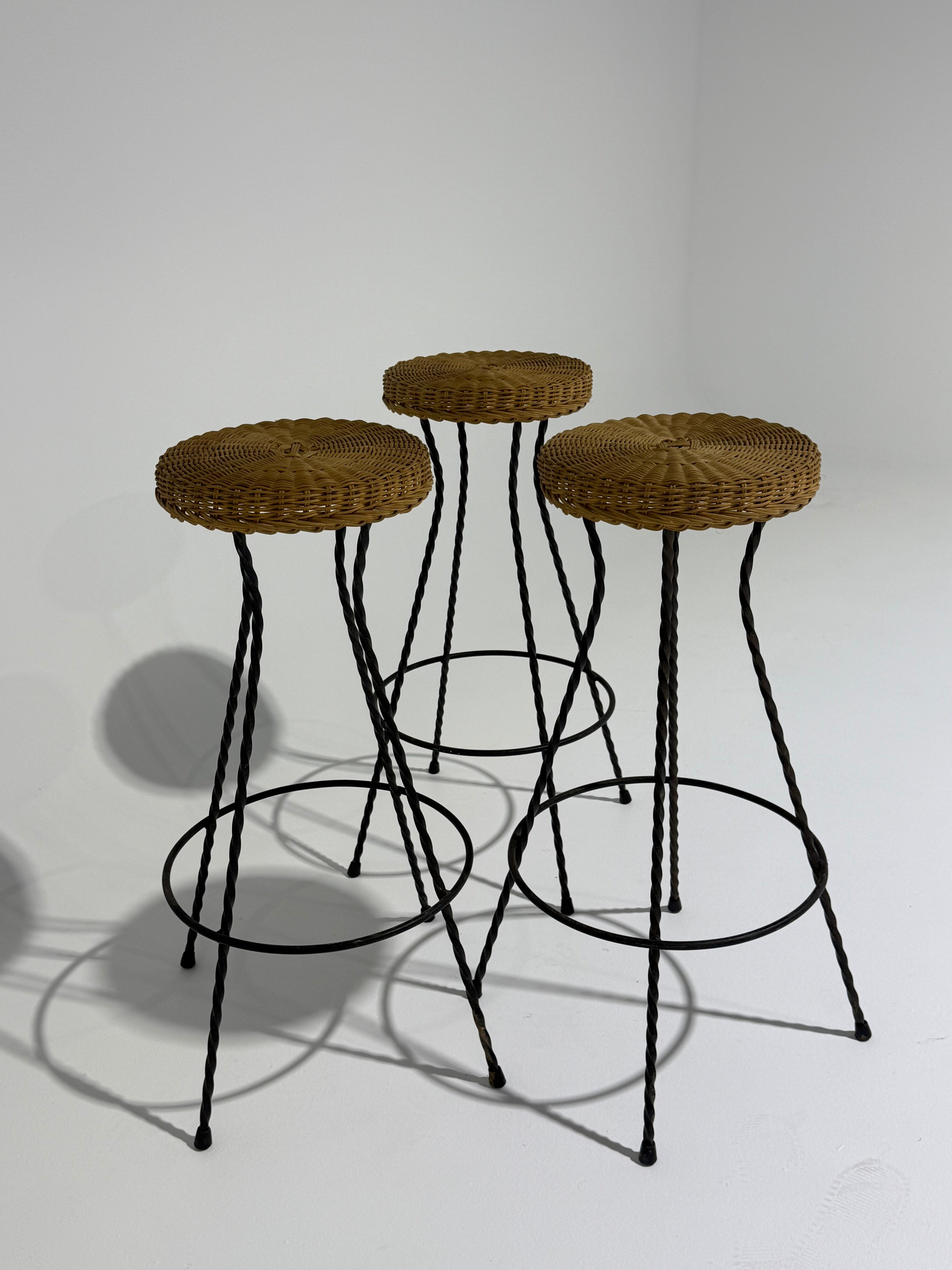 French Wicker & Iron Bar Stool by Bonacina - Three Available