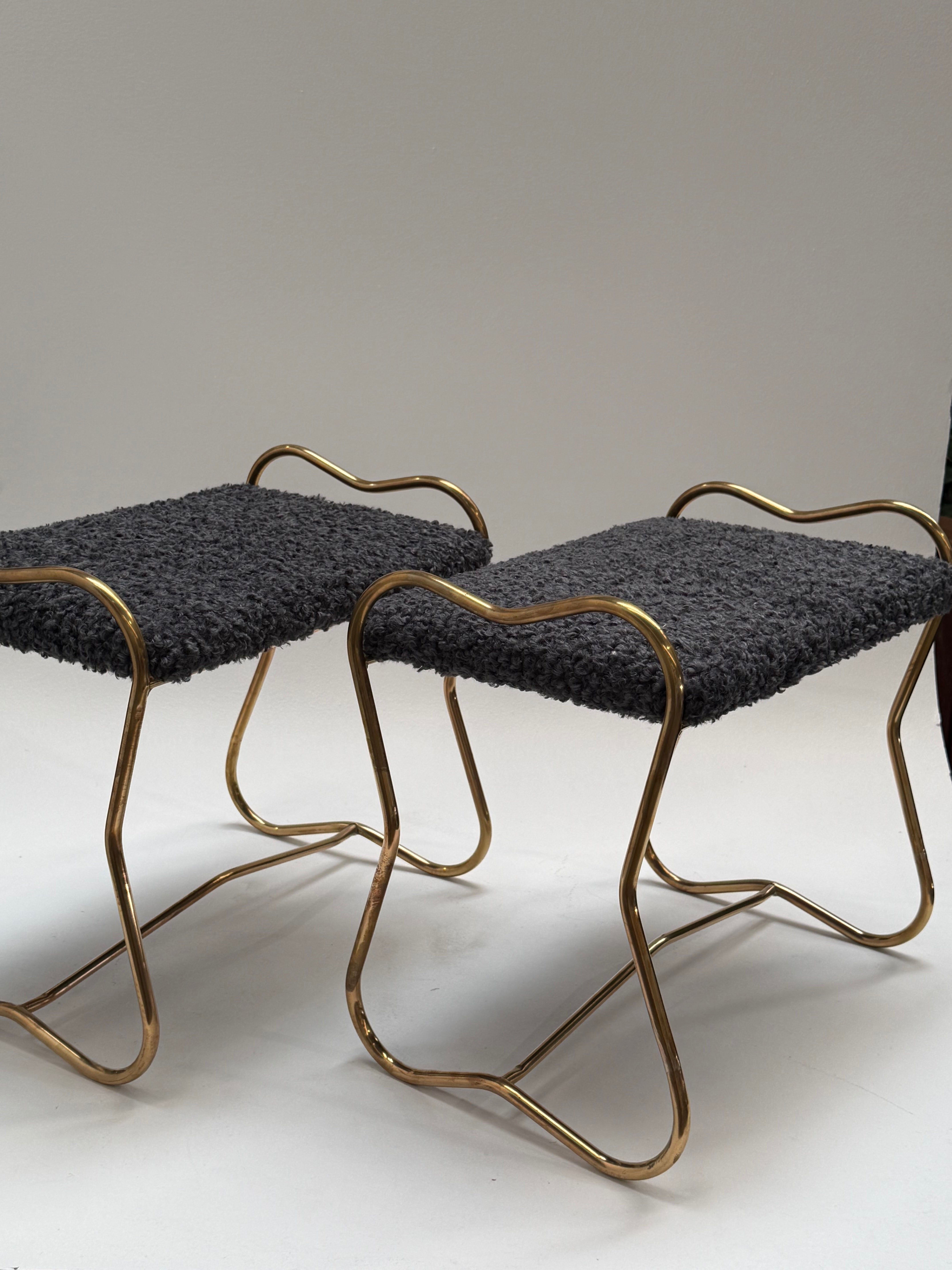 Italian Brass Upholstered Stool - Two Available
