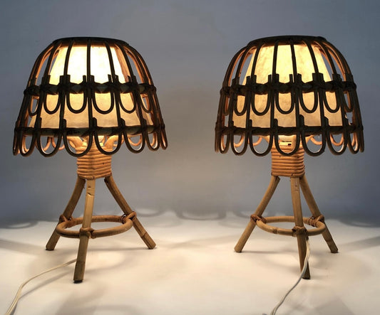 Vintage French Bamboo Table Lamp by Louis Sognot - Two Available