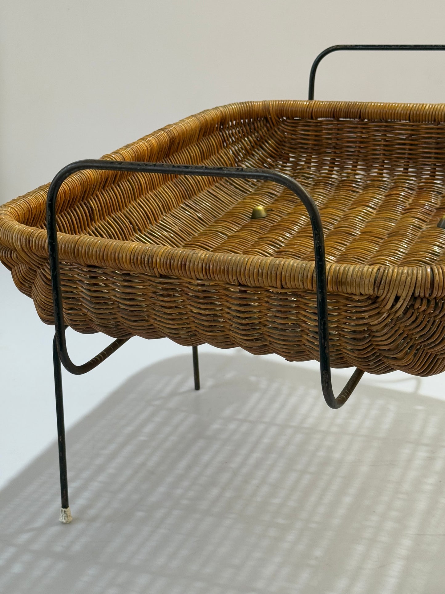1960s Italian Wicker & Iron Magazine Basket