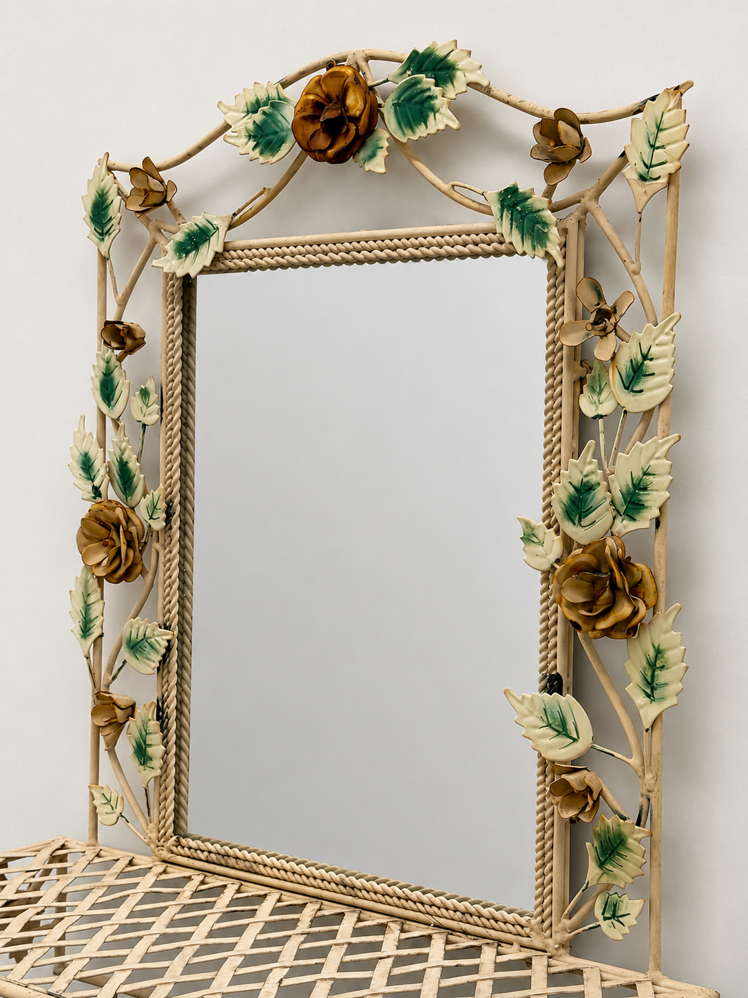Vintage Floral Tolware Mirrored Shelf