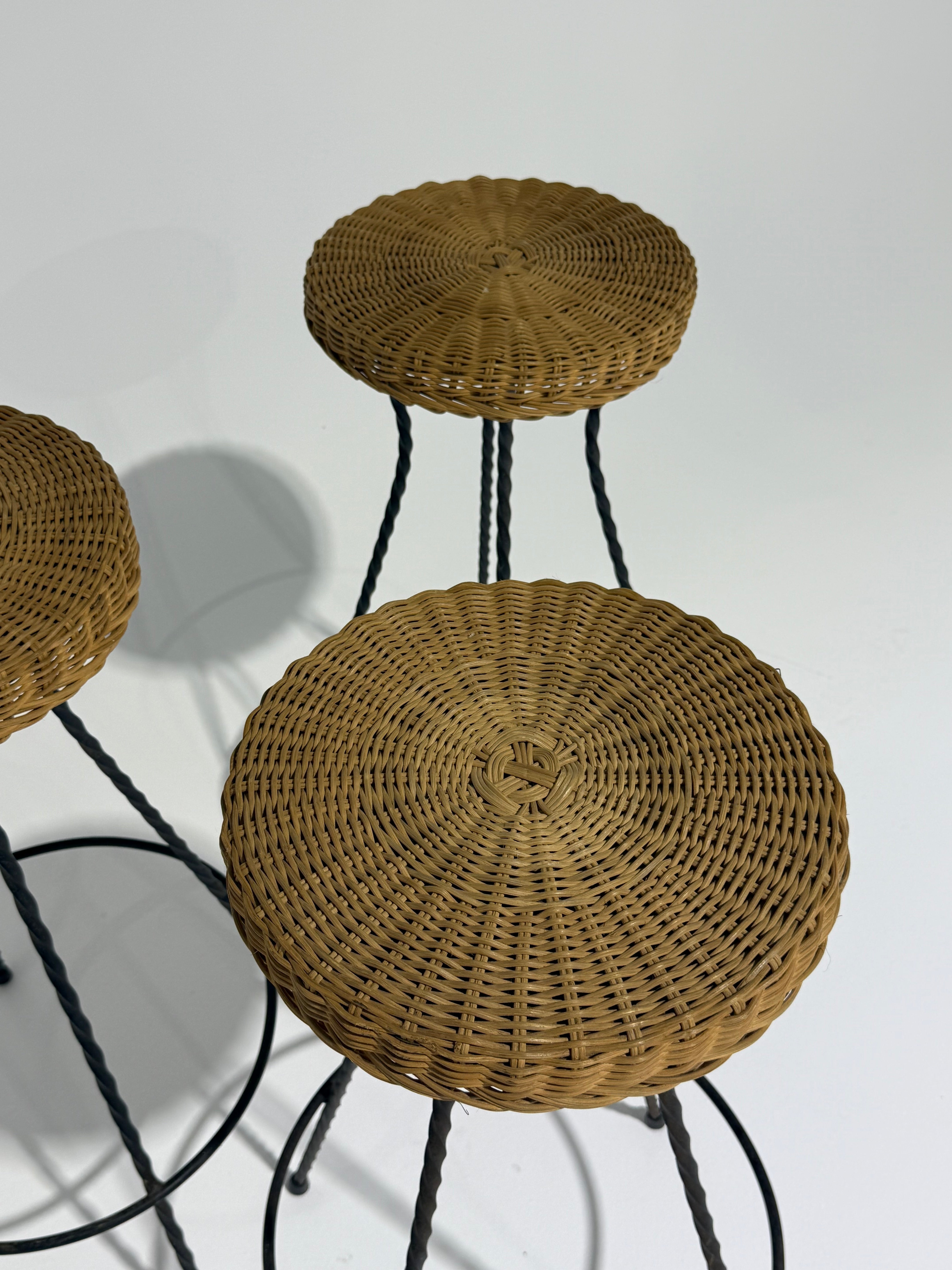 French Wicker & Iron Bar Stool by Bonacina - Three Available