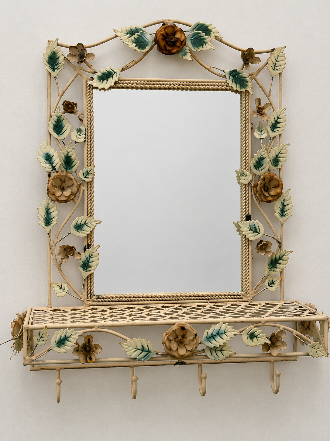 Vintage Floral Tolware Mirrored Shelf
