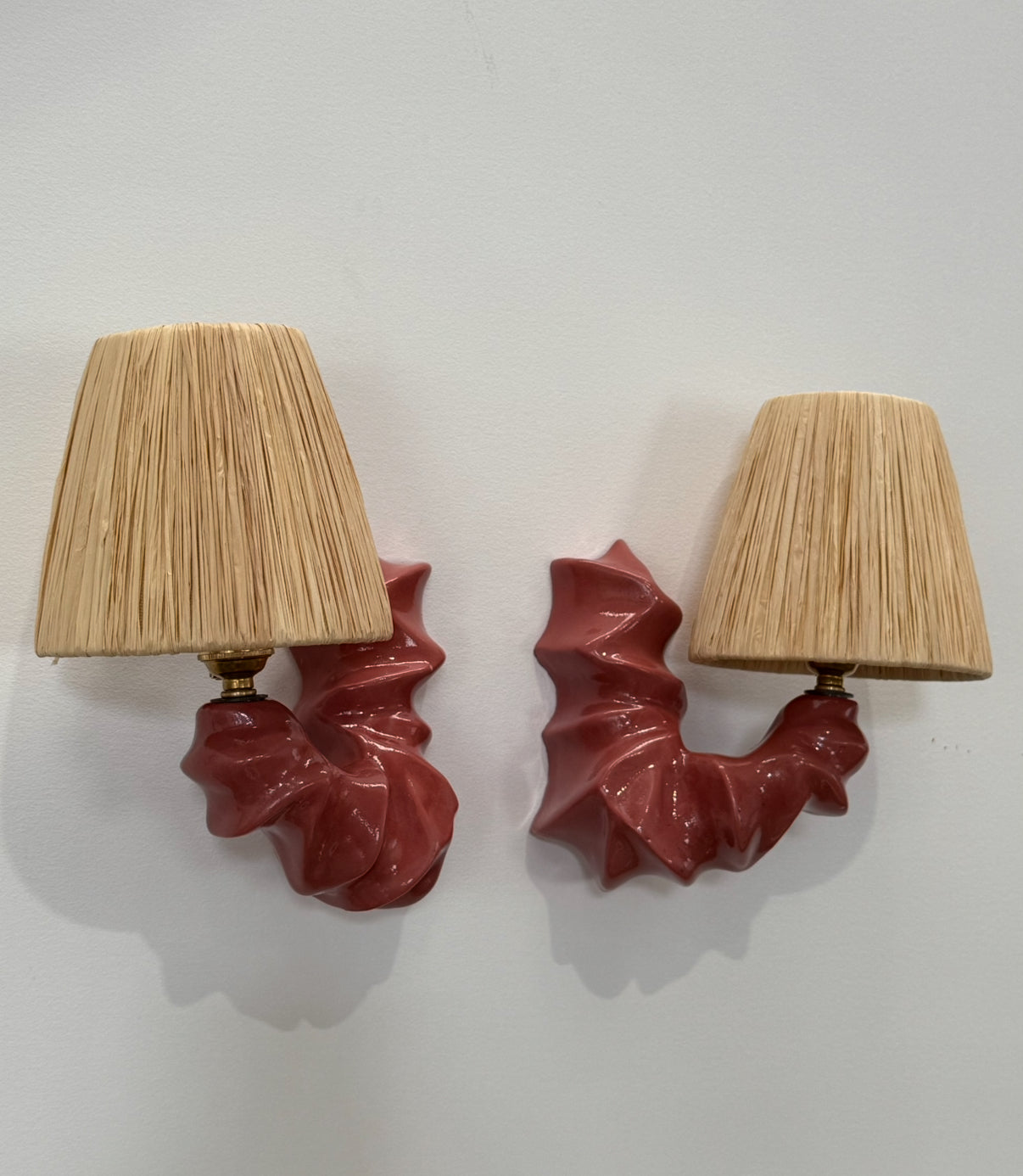 Pair of ARCO Ceramic & Raffia Wall Lights - Bordeaux Red