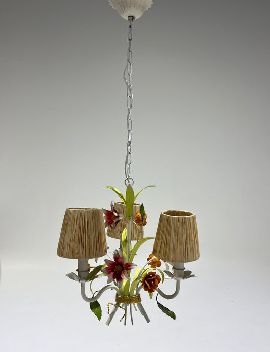 1950’s French Floral Pendant with Raffia Shades