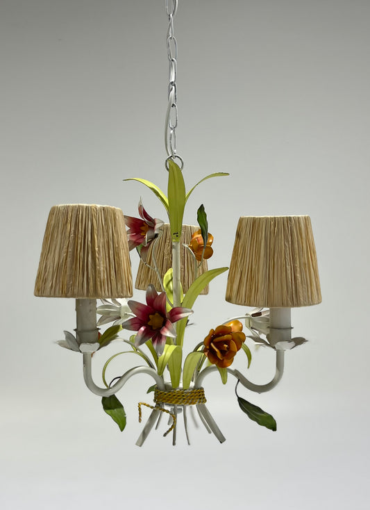 1950’s French Floral Pendant with Raffia Shades