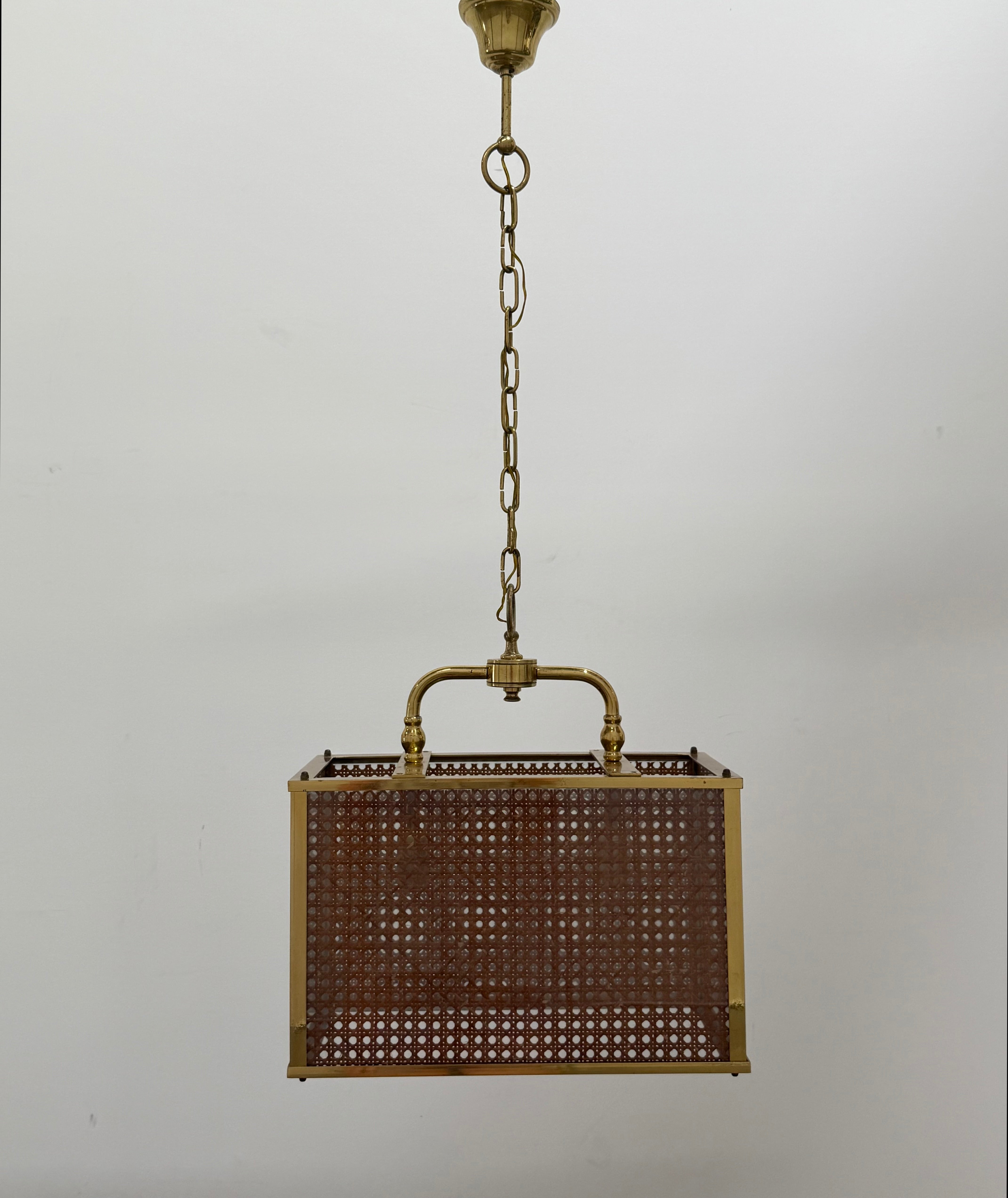 Vintage Italian Rattan & Glass Pendant Light, 1970s