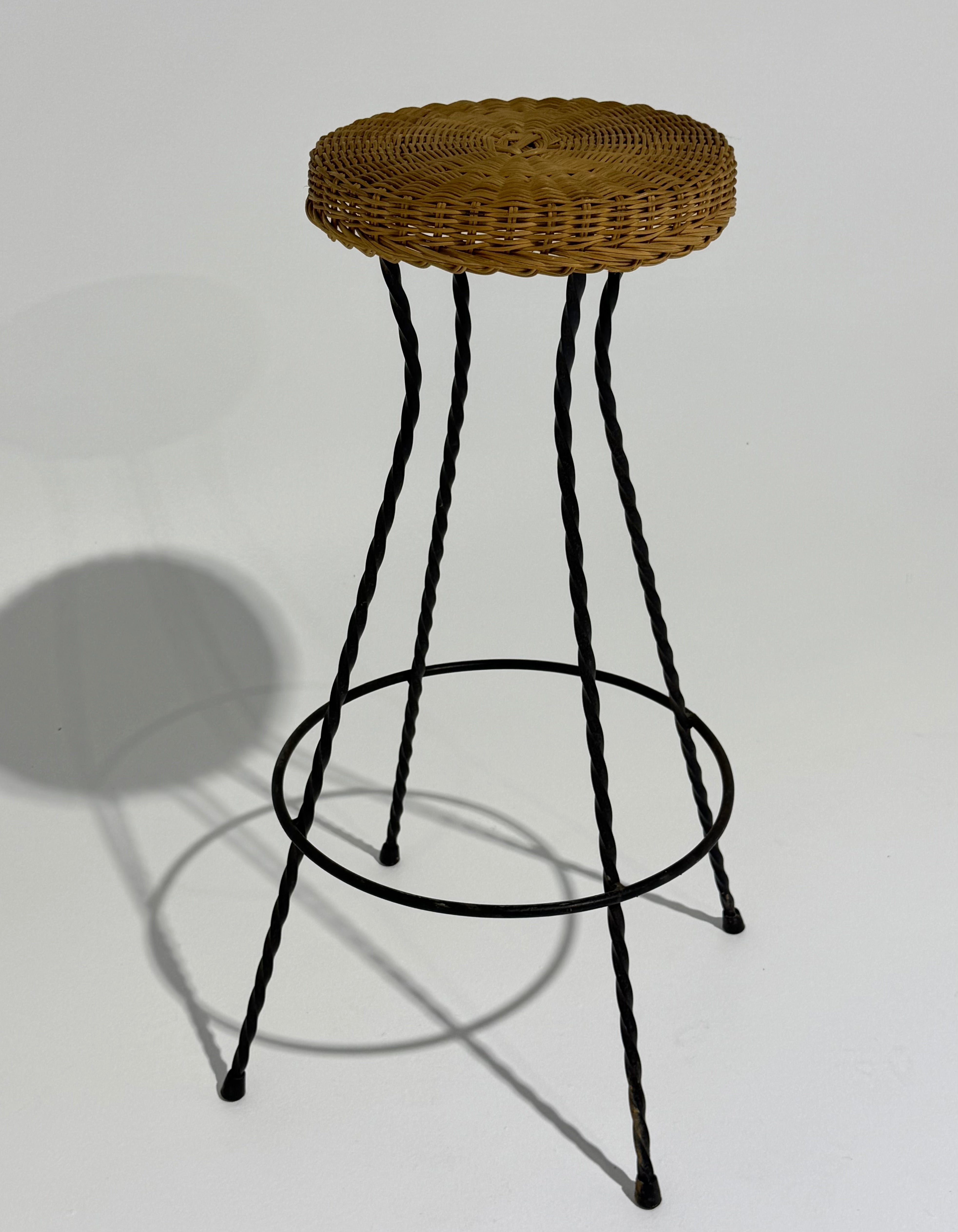 French Wicker & Iron Bar Stool by Bonacina - Three Available
