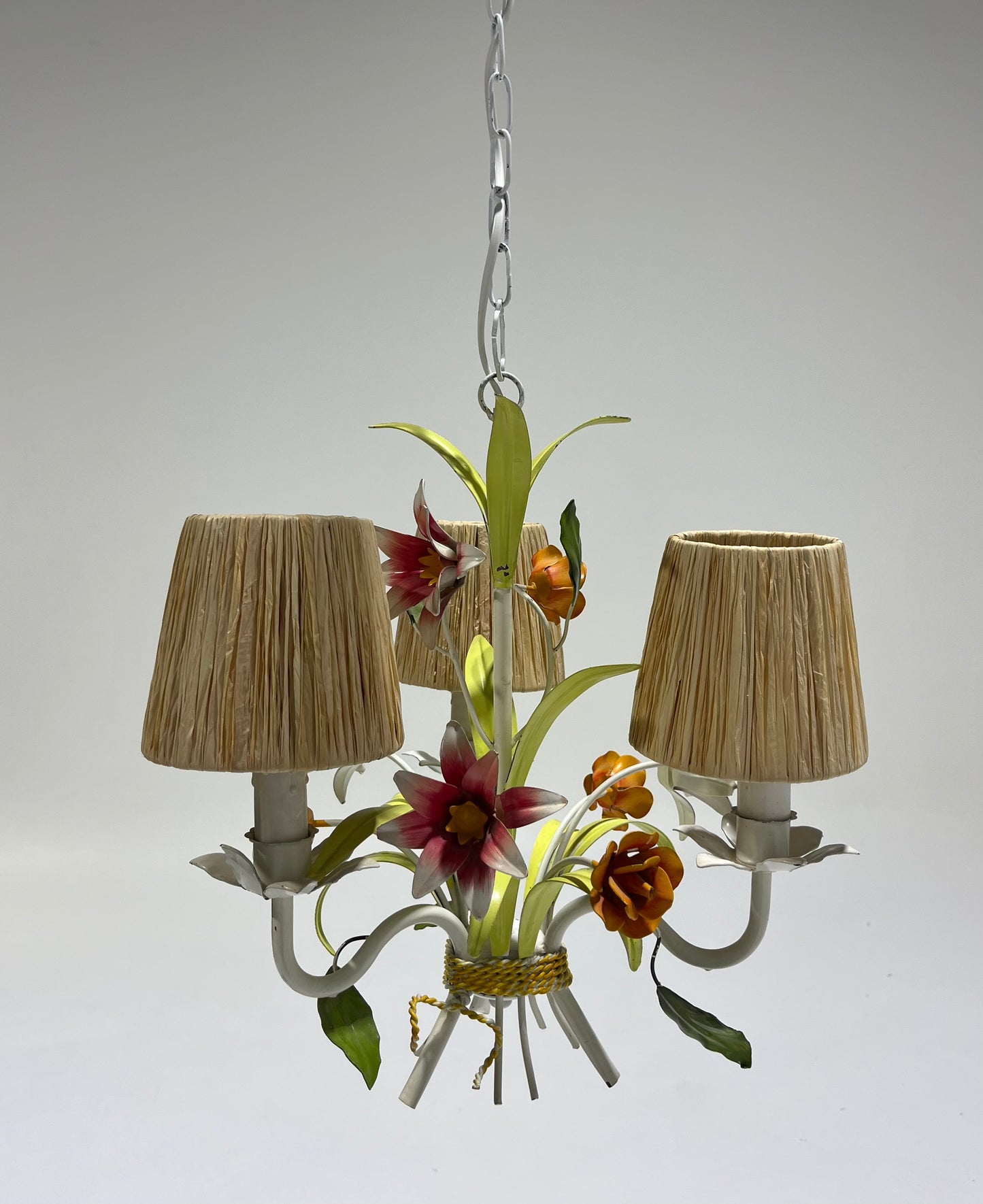 1950’s French Floral Pendant with Raffia Shades