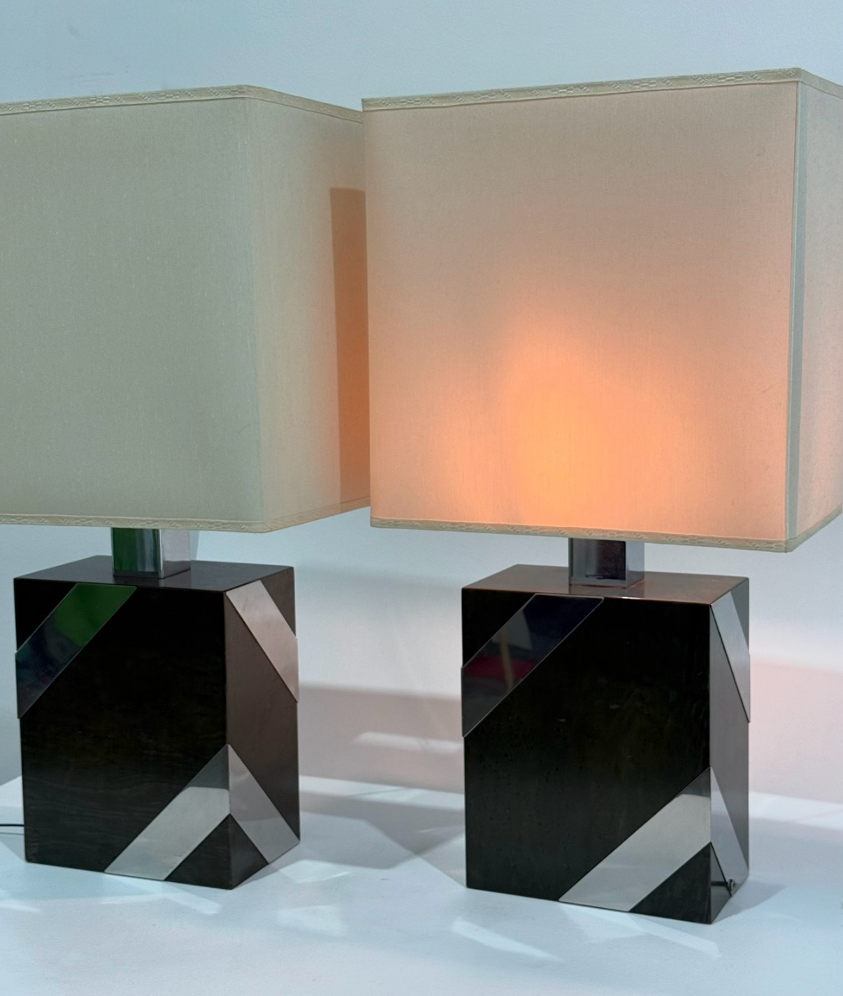 1970’s Briar Wood and Mirrored Chrome Lamp - Two Available