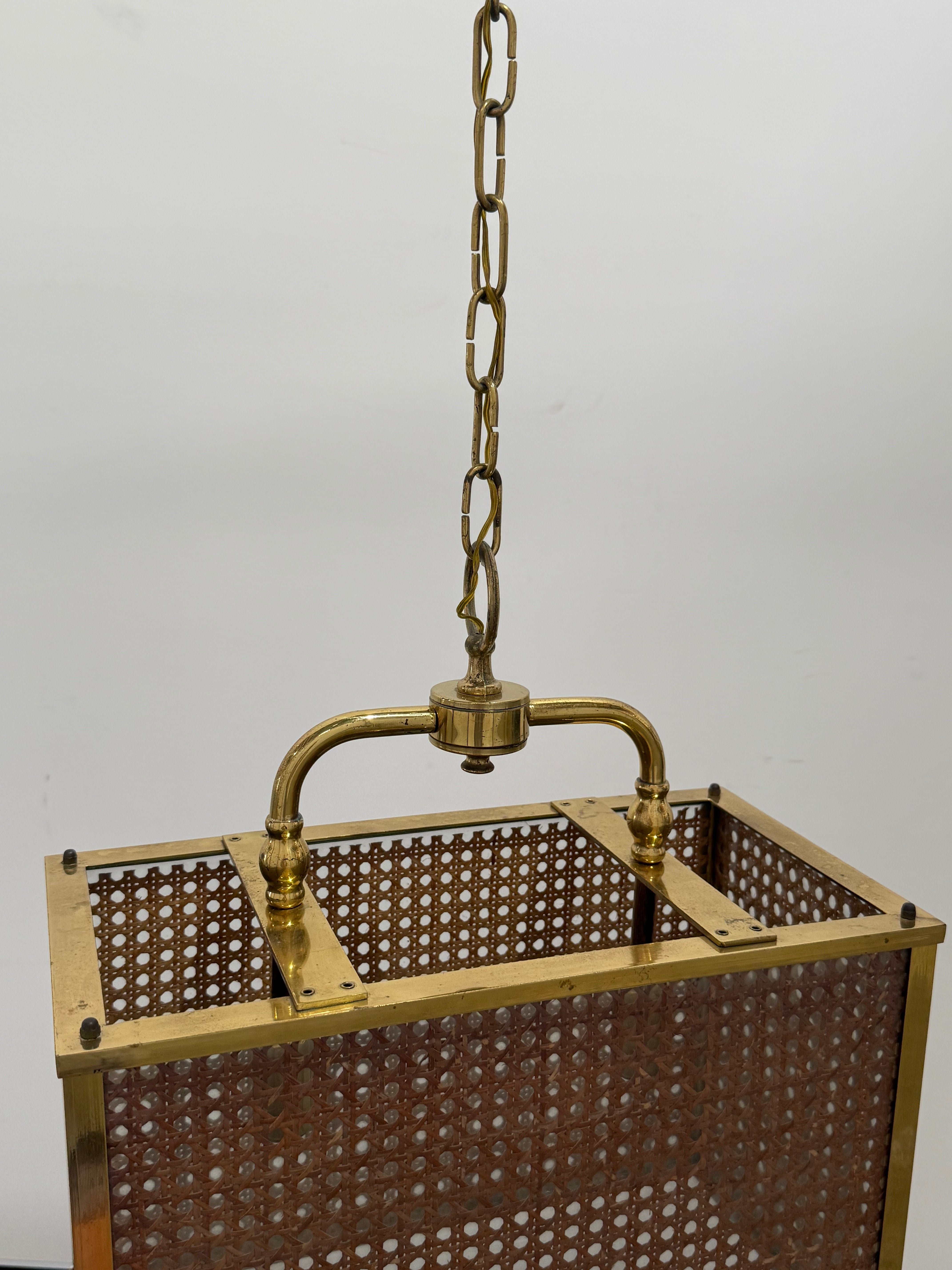 Vintage Italian Rattan & Glass Pendant Light, 1970s