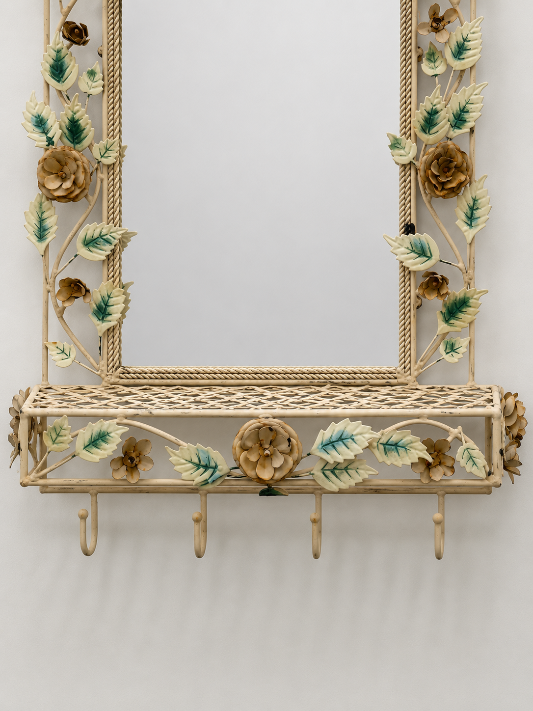 Vintage Floral Tolware Mirrored Shelf