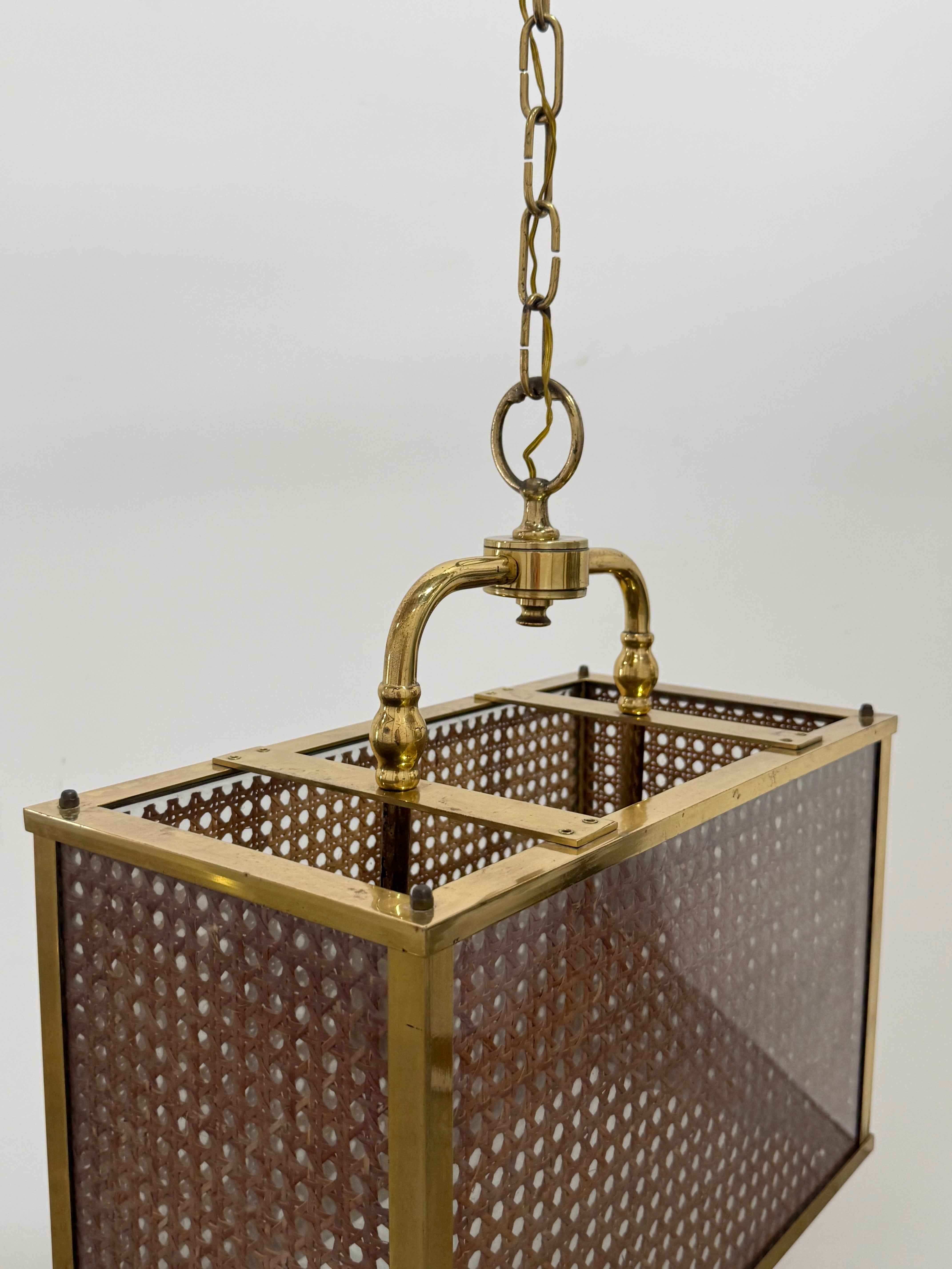 Vintage Italian Rattan & Glass Pendant Light, 1970s