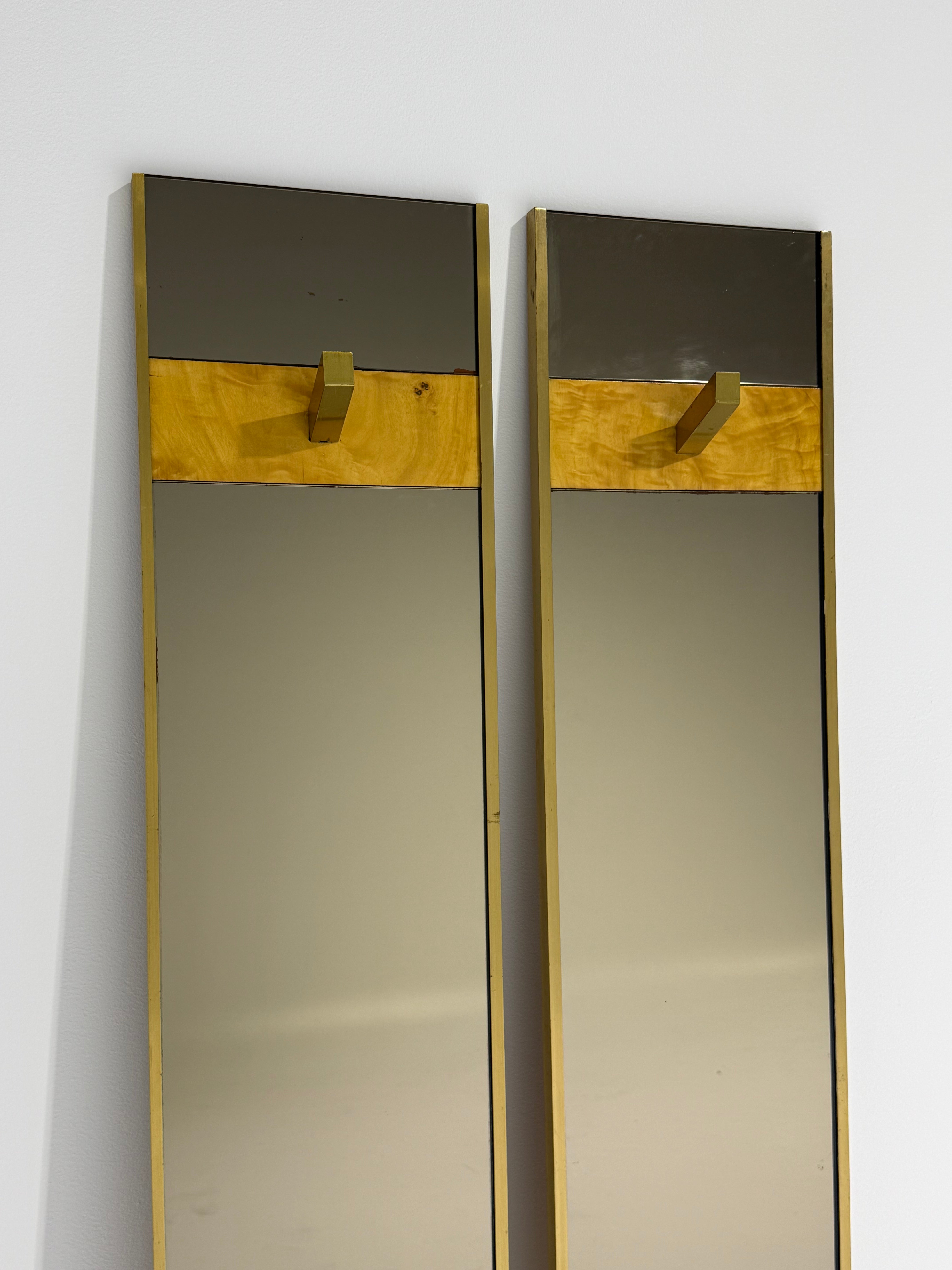Vintage Burl & Brass Mirrored Coat Rack - Two Available