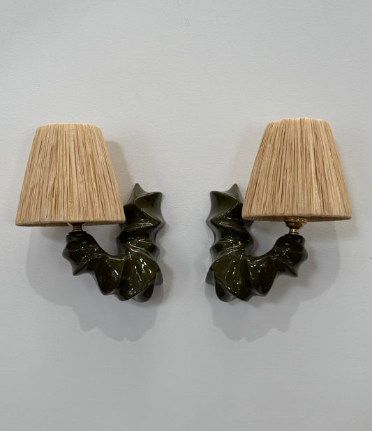 Pair of ARCO Ceramic & Raffia Wall Lights - Forest Green