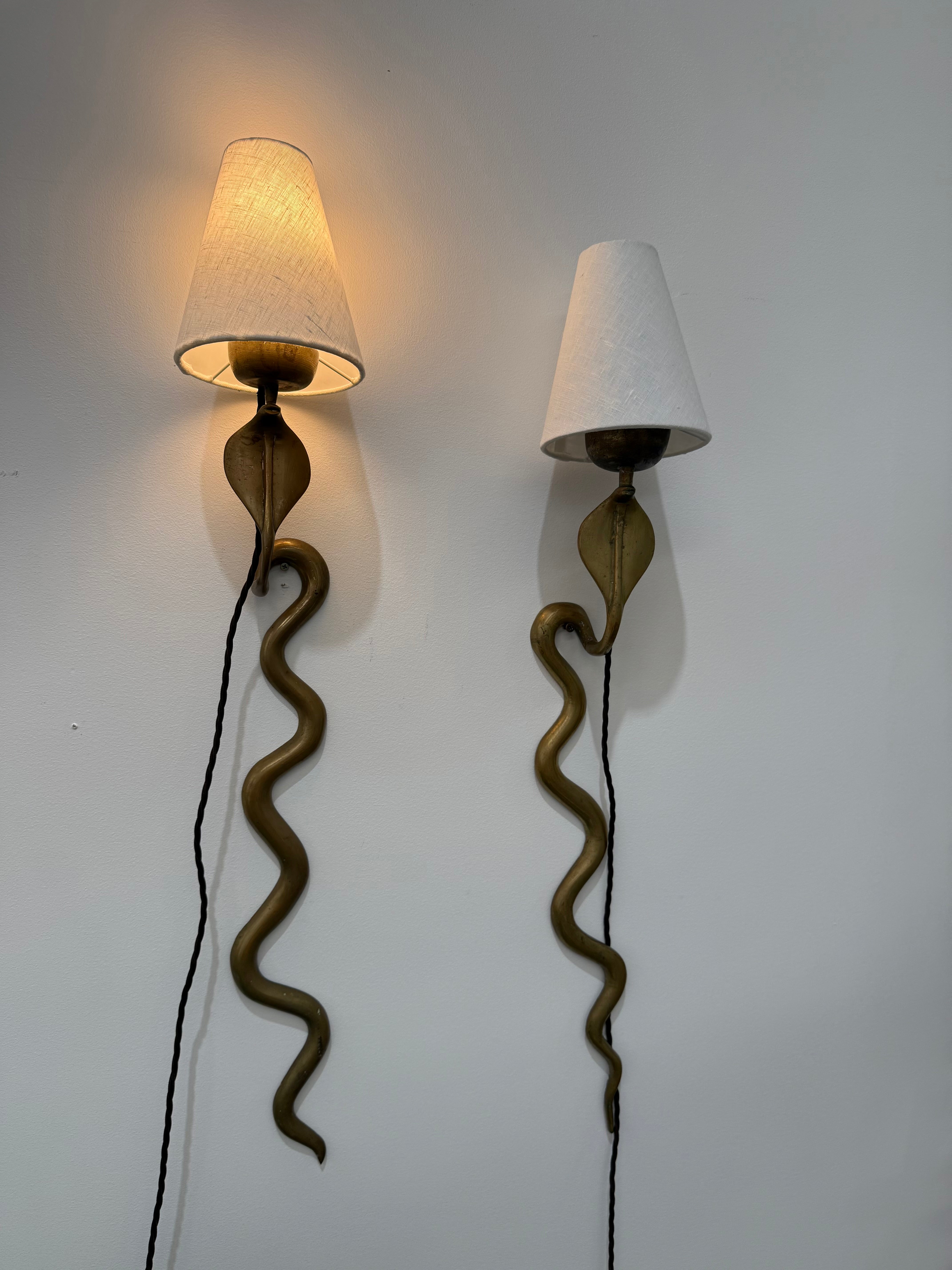 1960’s French Brass Cobra Candle Wall Light - Two Available