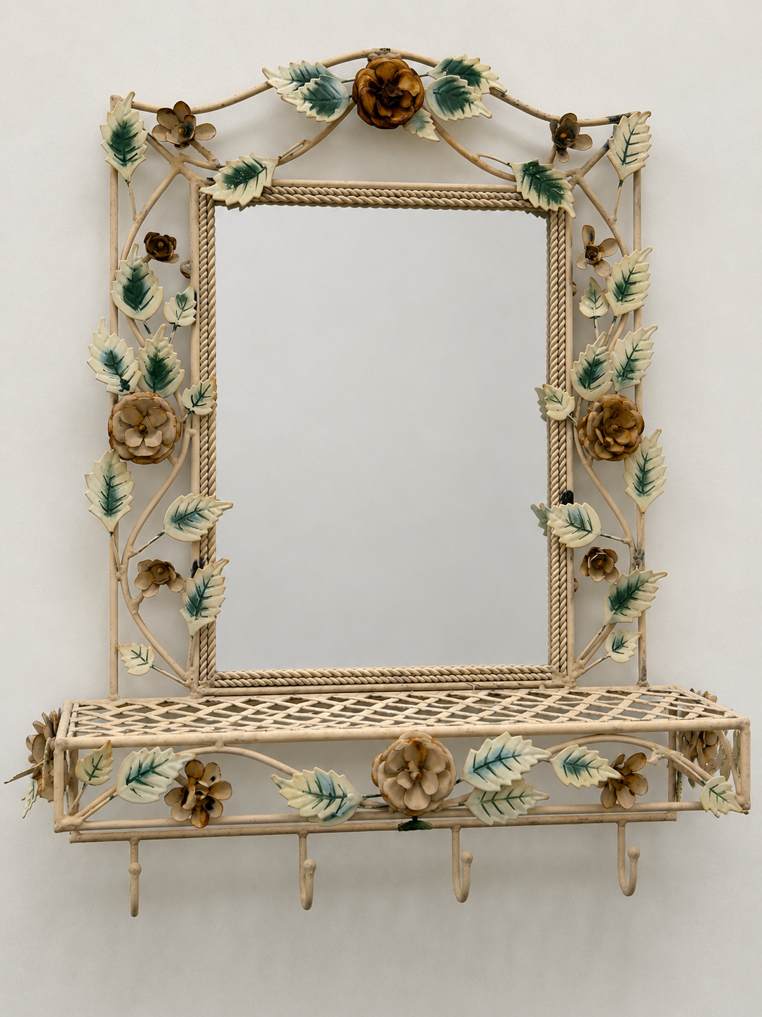 Vintage Floral Tolware Mirrored Shelf