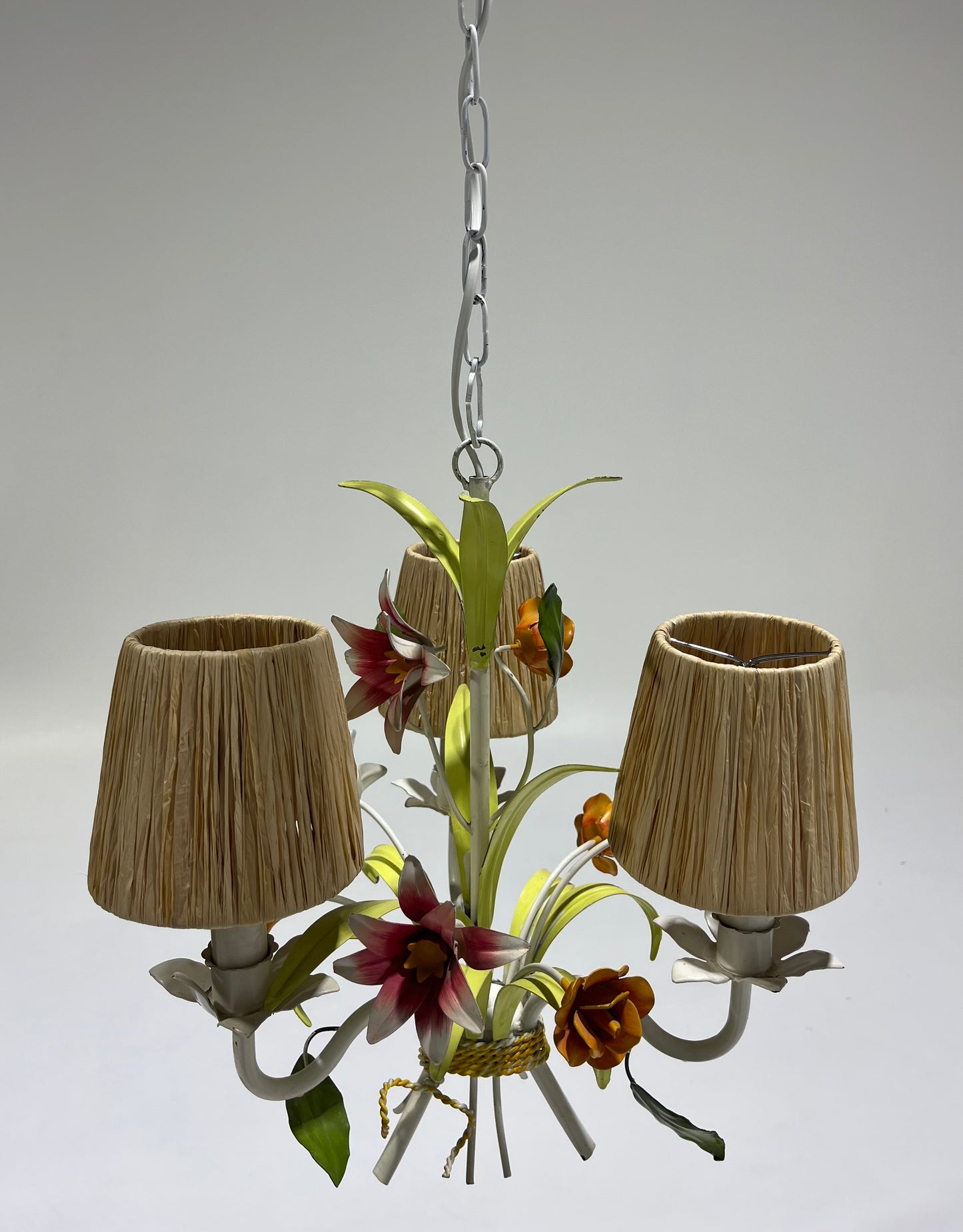 1950’s French Floral Pendant with Raffia Shades