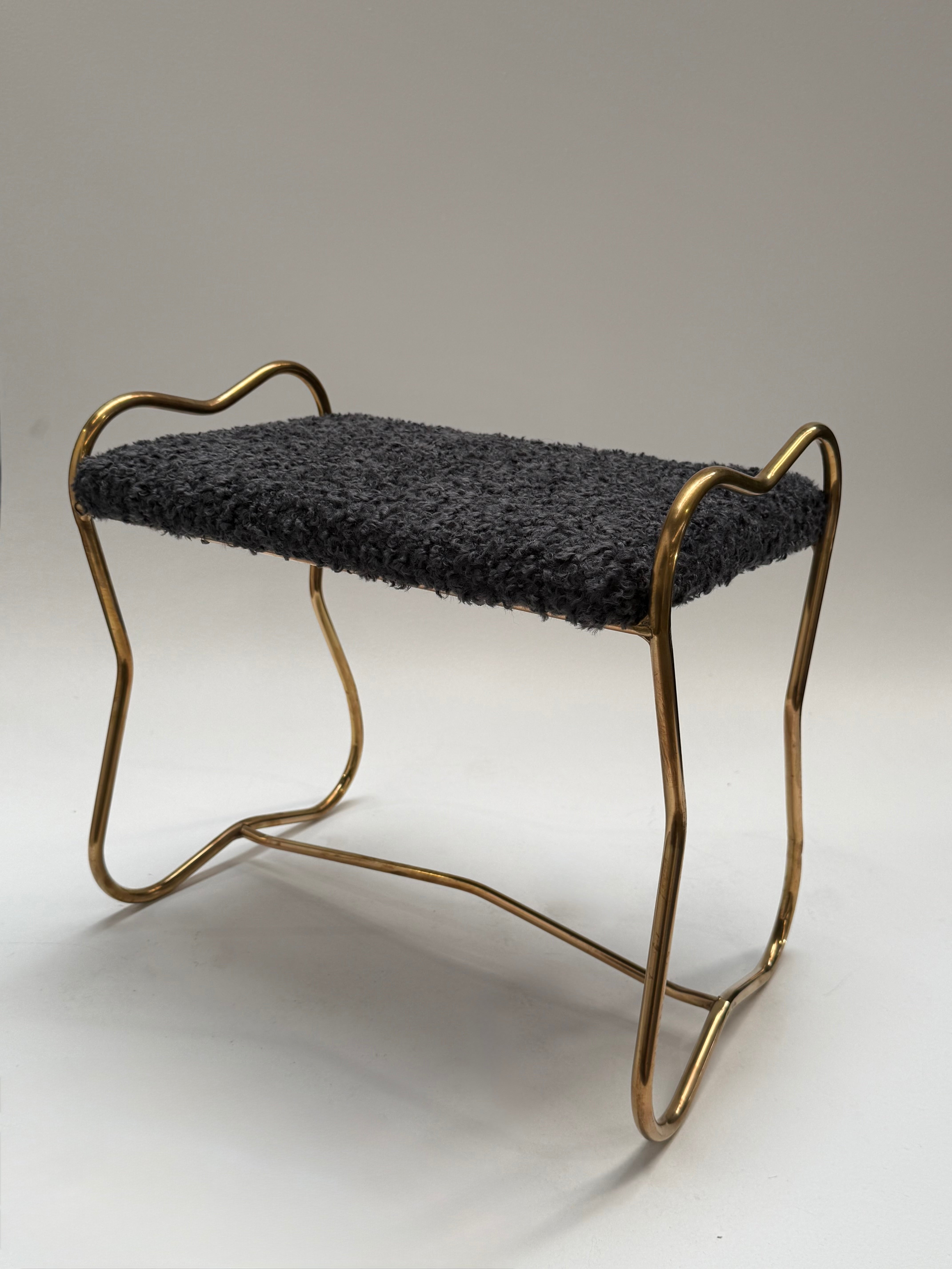 Italian Brass Upholstered Stool - Two Available