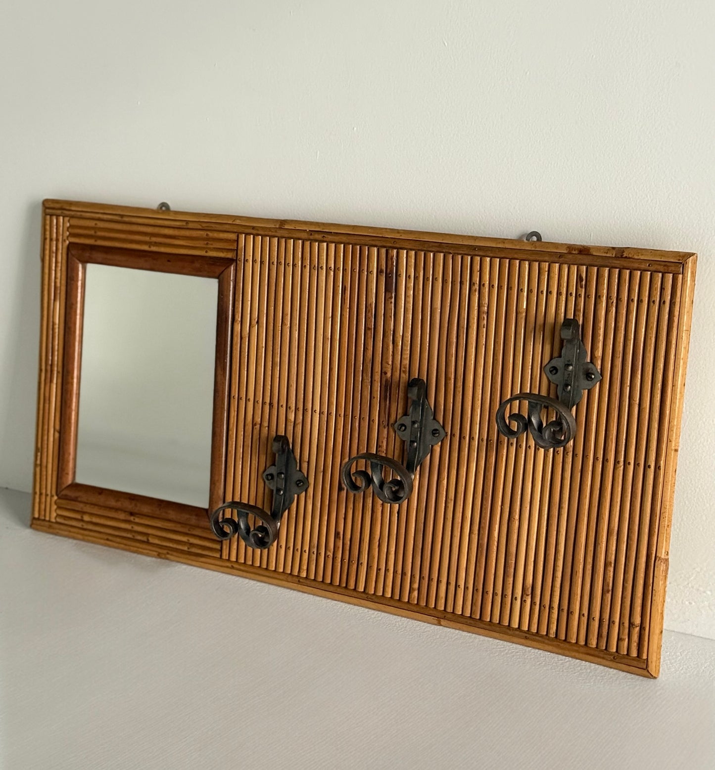 Vintage French Bamboo Mirrored Coat Rack