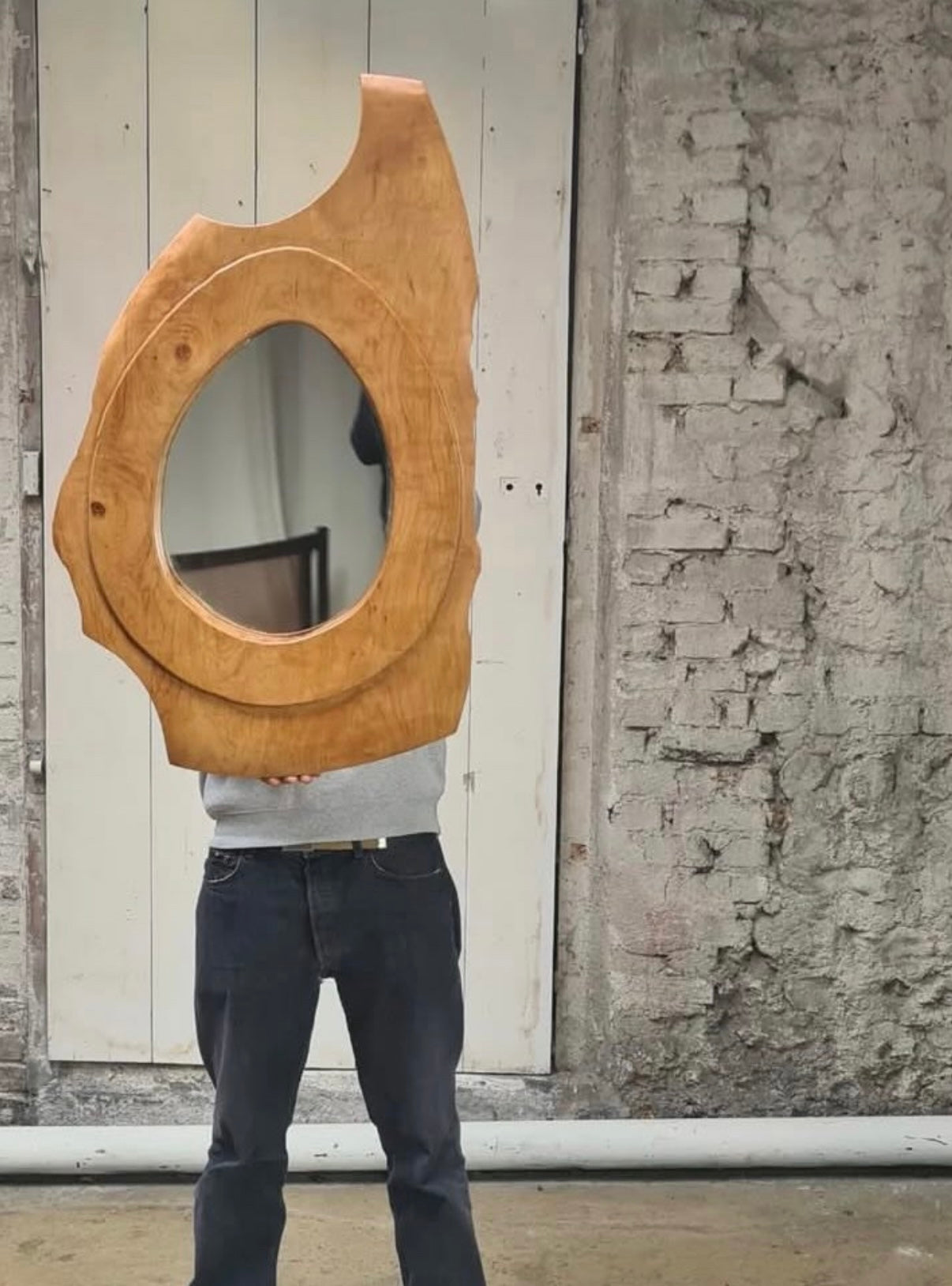French Brutalist Timber Mirror