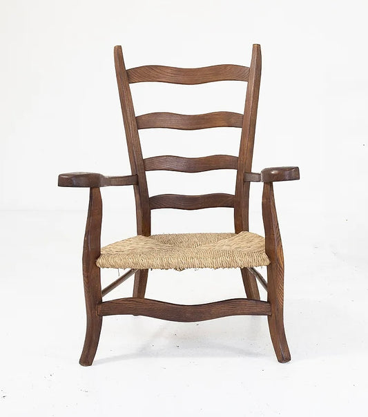 Vintage Italian Timber & Rush Armchair - Two Available
