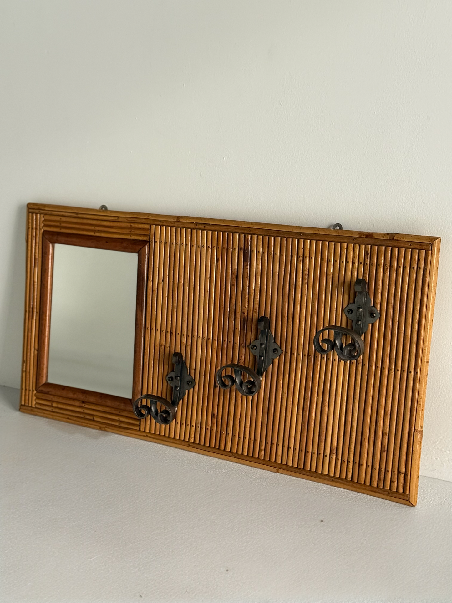 Vintage French Bamboo Mirrored Coat Rack