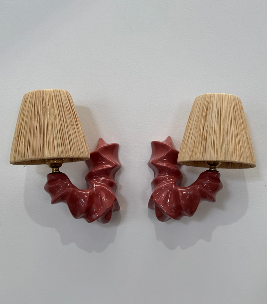Pair of ARCO Ceramic & Raffia Wall Lights - Bordeaux Red